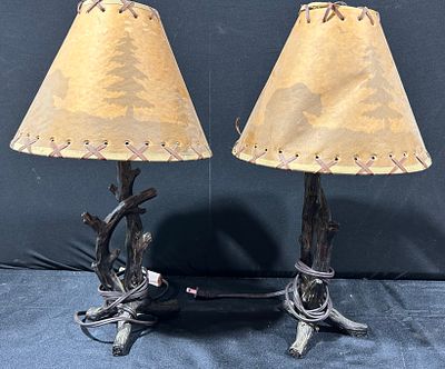 Rustic Lodge Style Faux Bois Table Lamps with Bear and Pine Tree Silhouette Shades. A pair of 