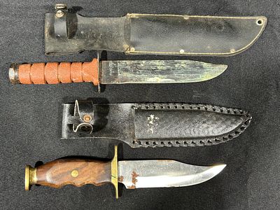 Two Fixed-Blade Knives with Leather Sheaths Including Military-Style and Bowie-Style. This lot 