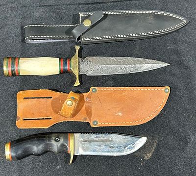 Two Fixed-Blade Knives Including a Damascus Steel Dagger and a Serrated Hunting Knife. This lot 