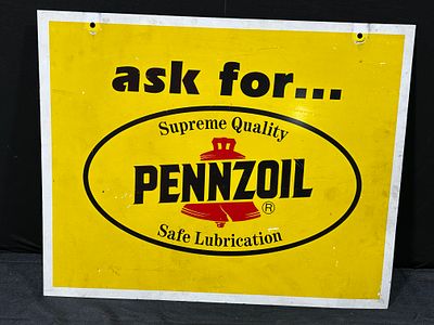 Vintage Pennzoil Safe Lubrication Metal Advertising Sign. This is an original mid-20th century 