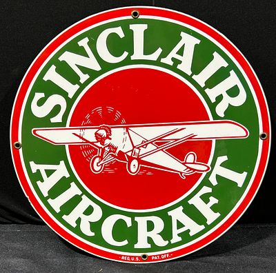 Sinclair Aircraft Porcelain Enamel Advertising Sign. This circular advertising sign for Sinclair 