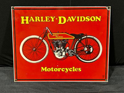 Ande Rooney Harley-Davidson Motorcycles Porcelain Enameled Advertising Sign. A high-quality 