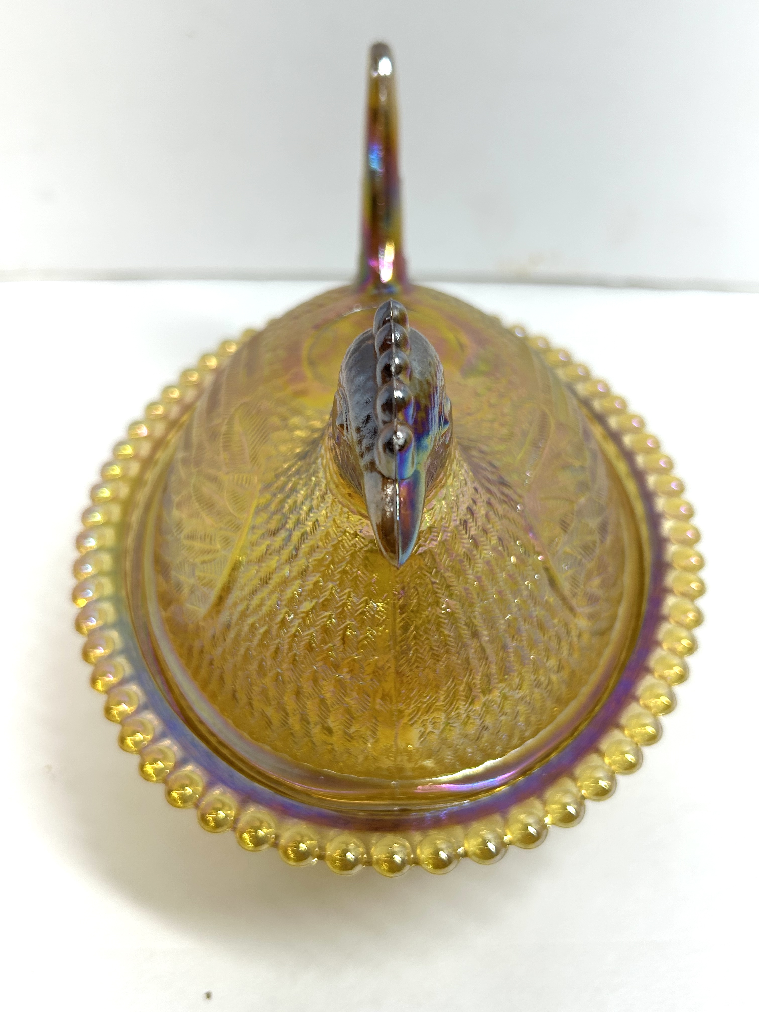 MARIGOLD IRIDESCENT GLASS HEN ON NEST DISH