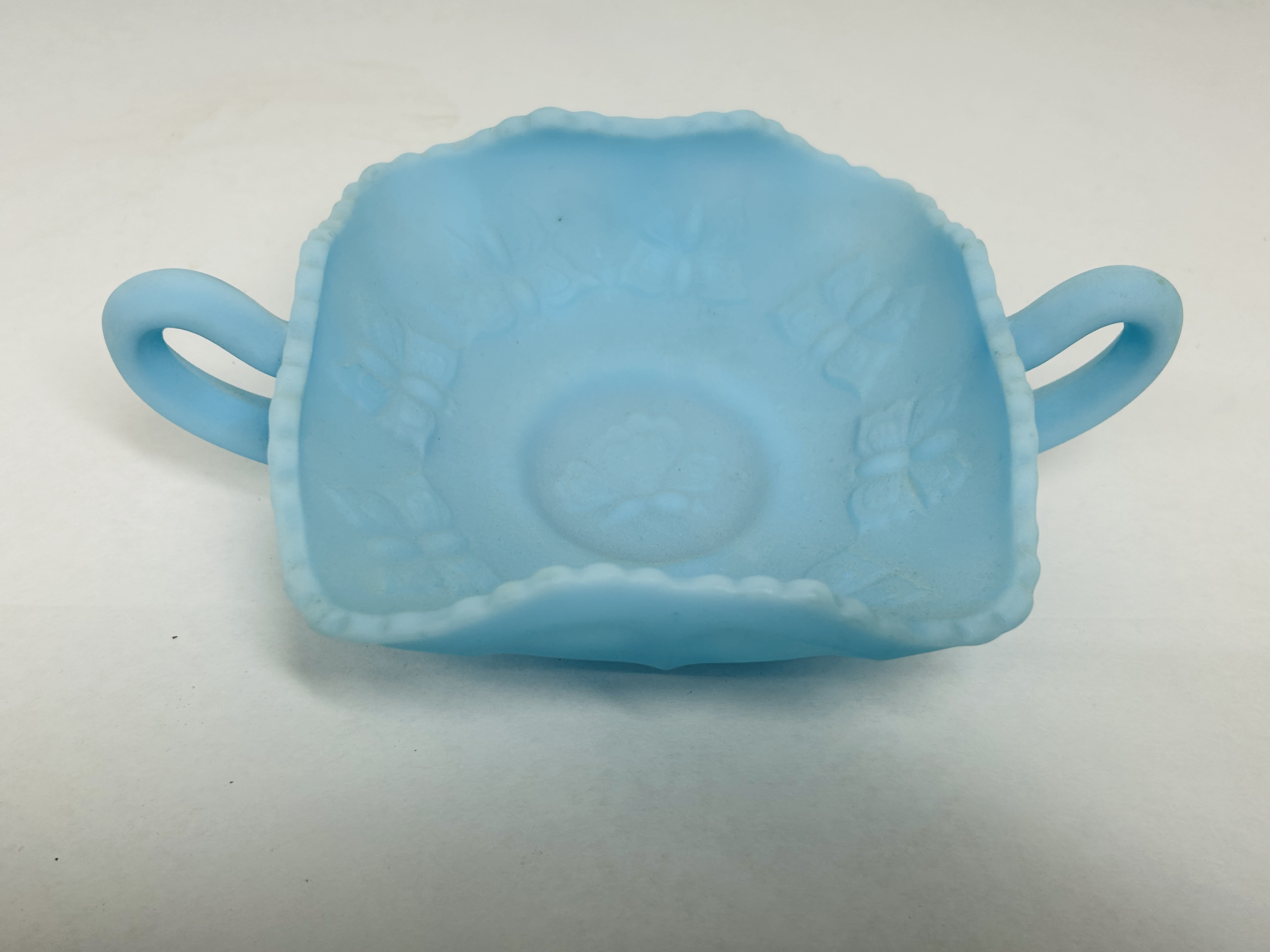 FENTON BLUE SATIN GLASS DISH, 1970S