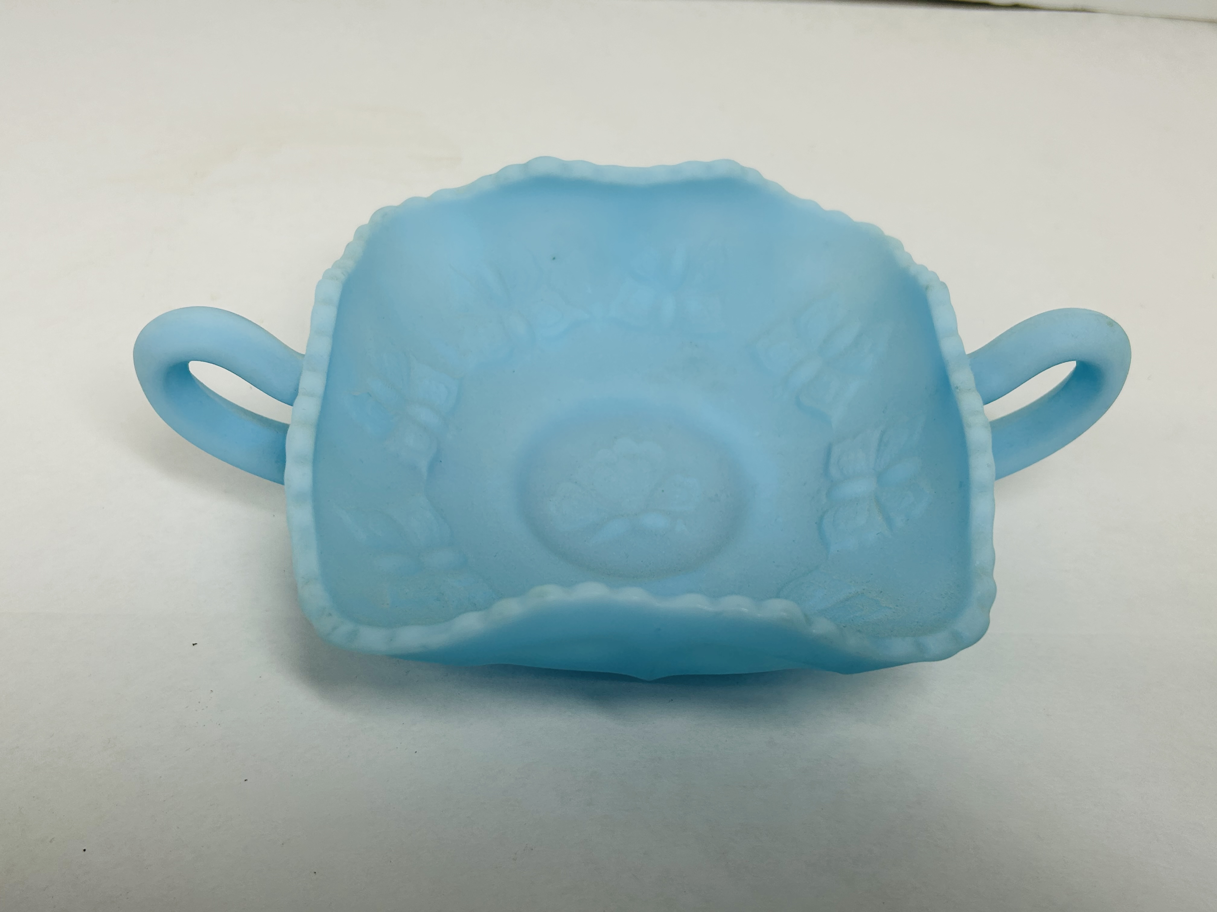 FENTON BLUE SATIN GLASS DISH, 1970S