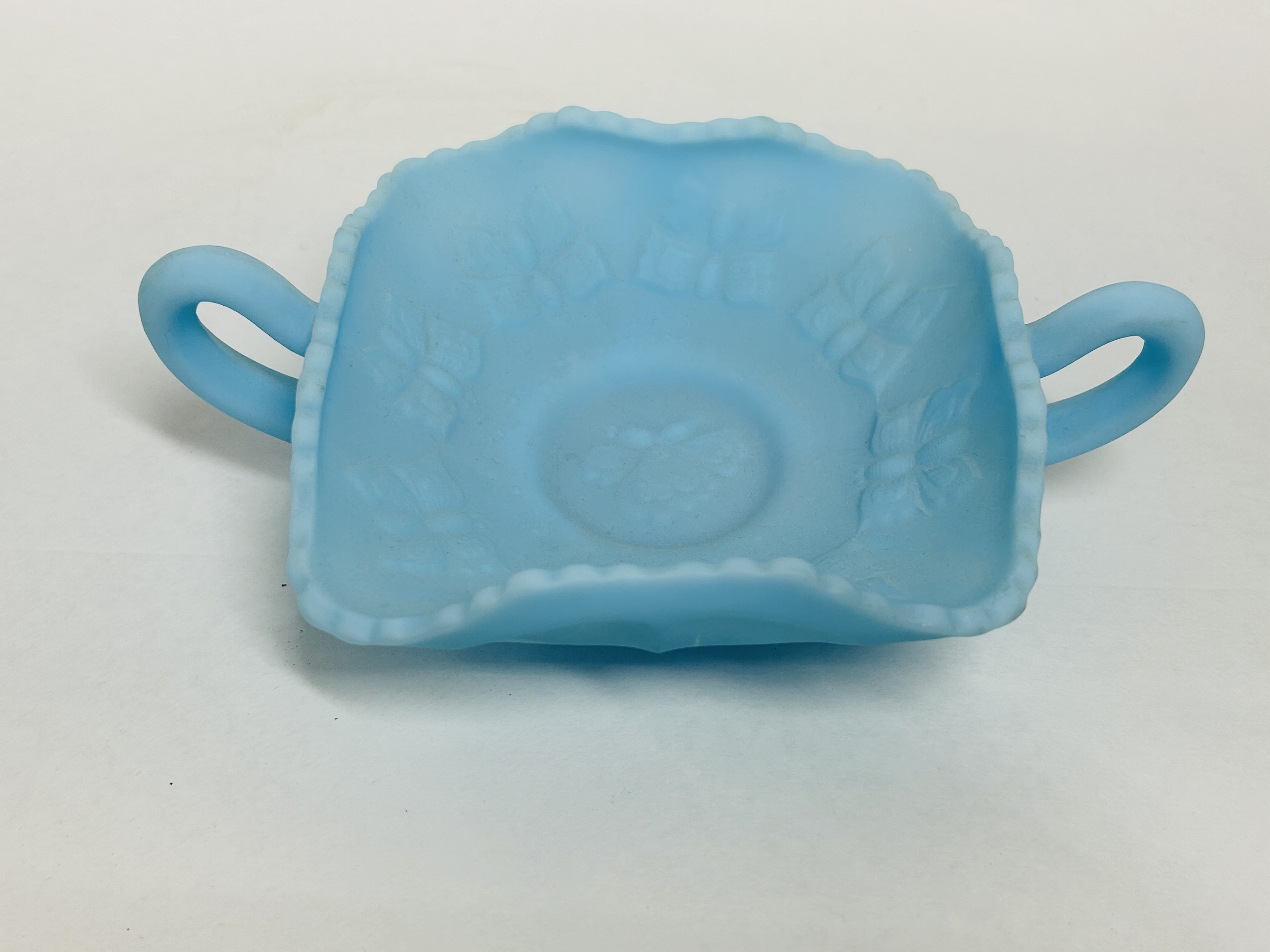 FENTON BLUE SATIN GLASS DISH, 1970S