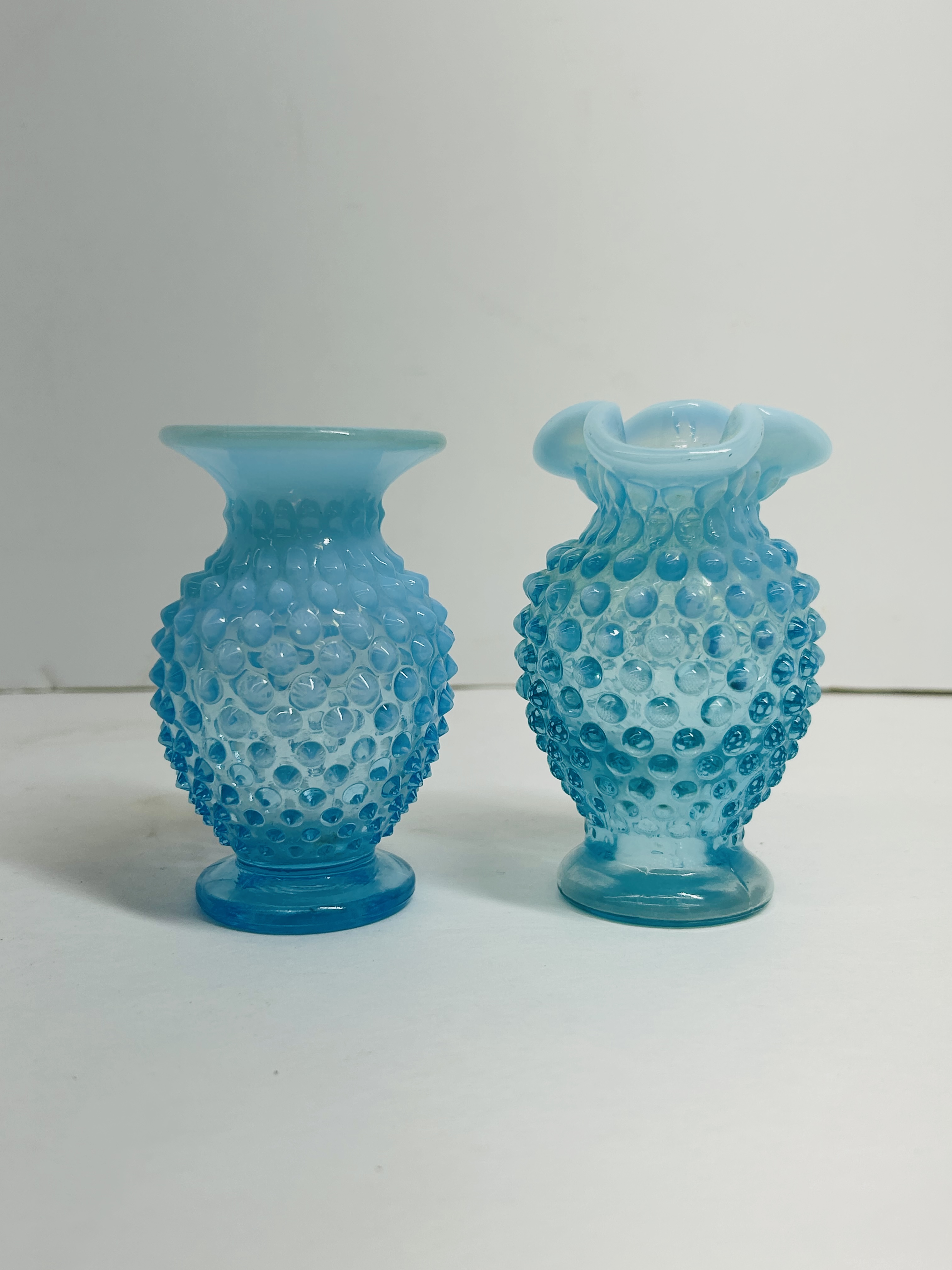 FENTON, BLUE OPALESCENT HOBNAIL GLASS VASES