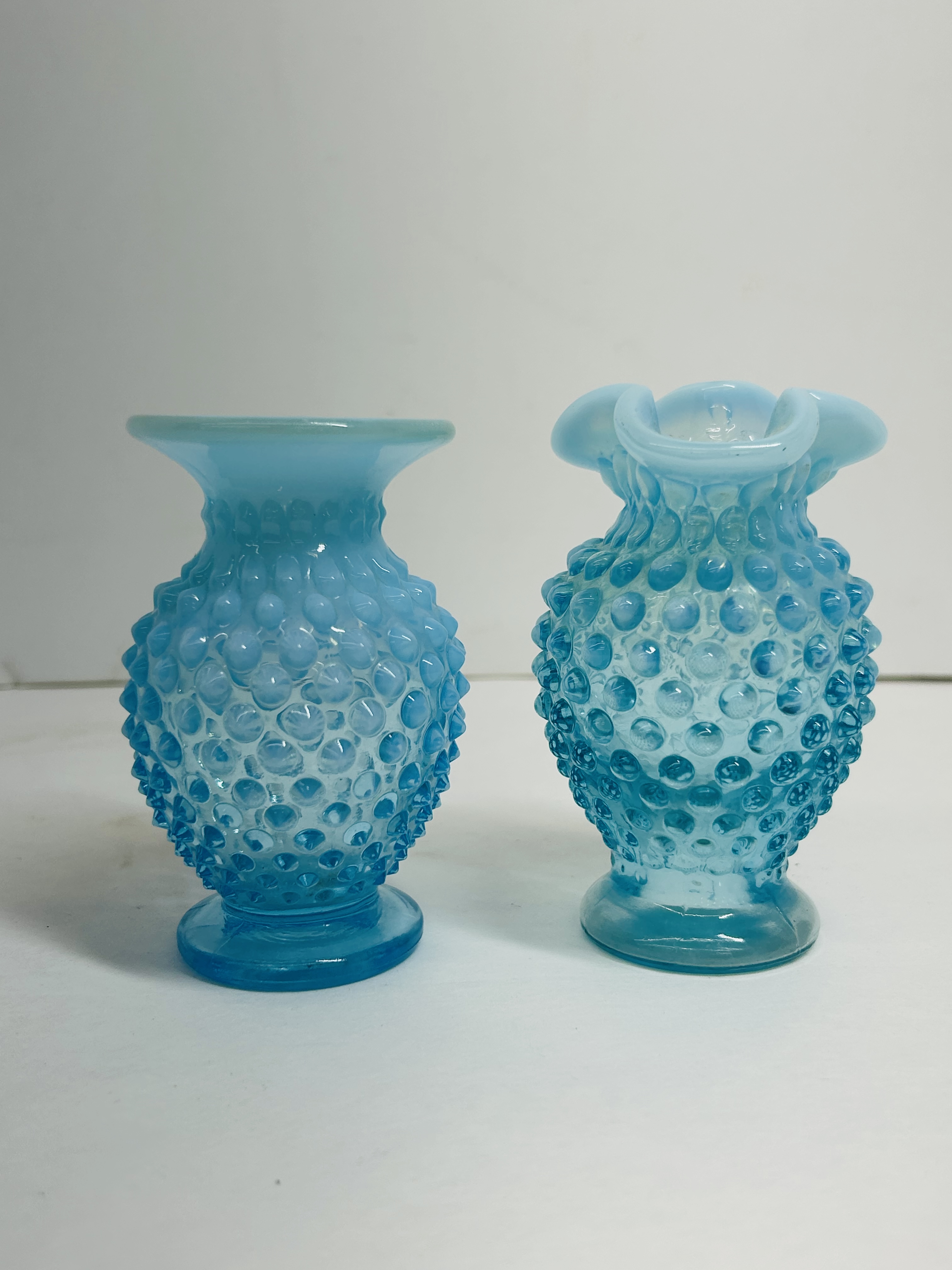 FENTON, BLUE OPALESCENT HOBNAIL GLASS VASES