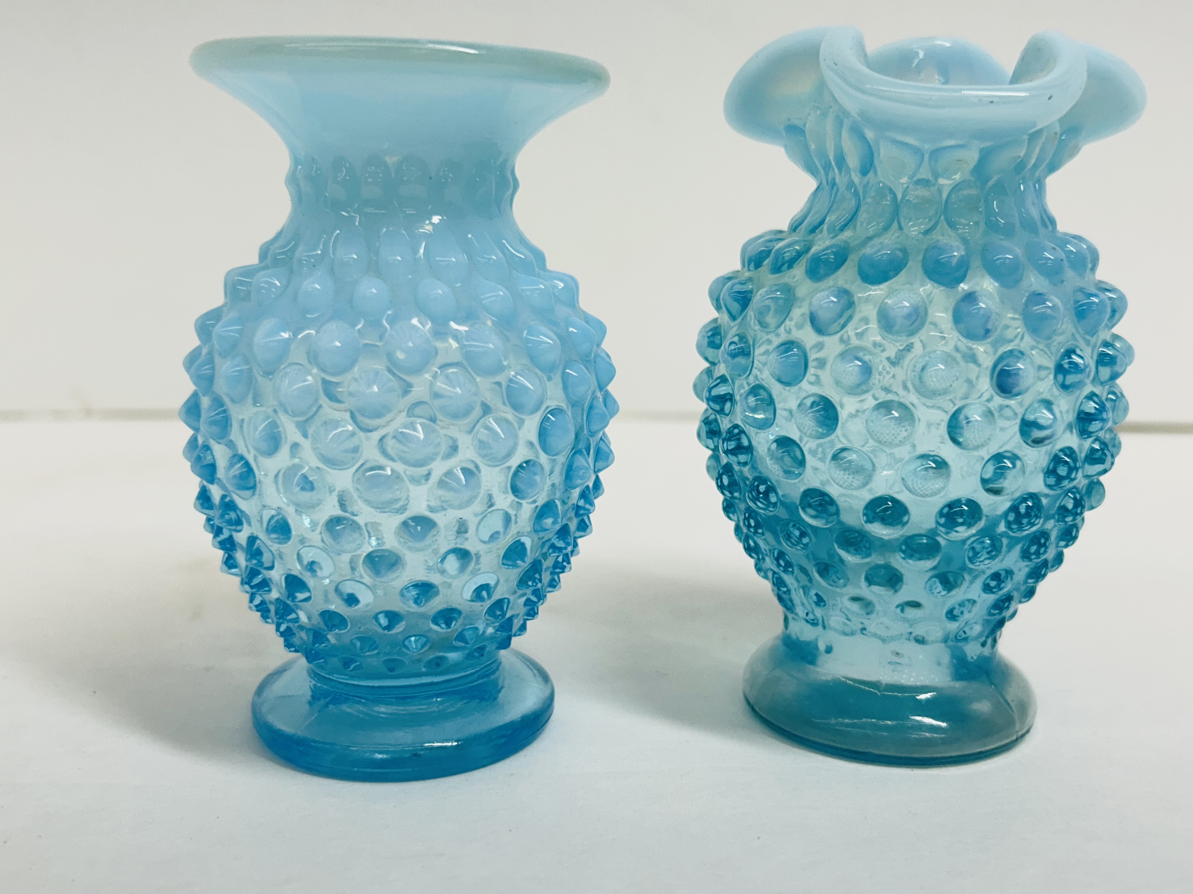 FENTON, BLUE OPALESCENT HOBNAIL GLASS VASES