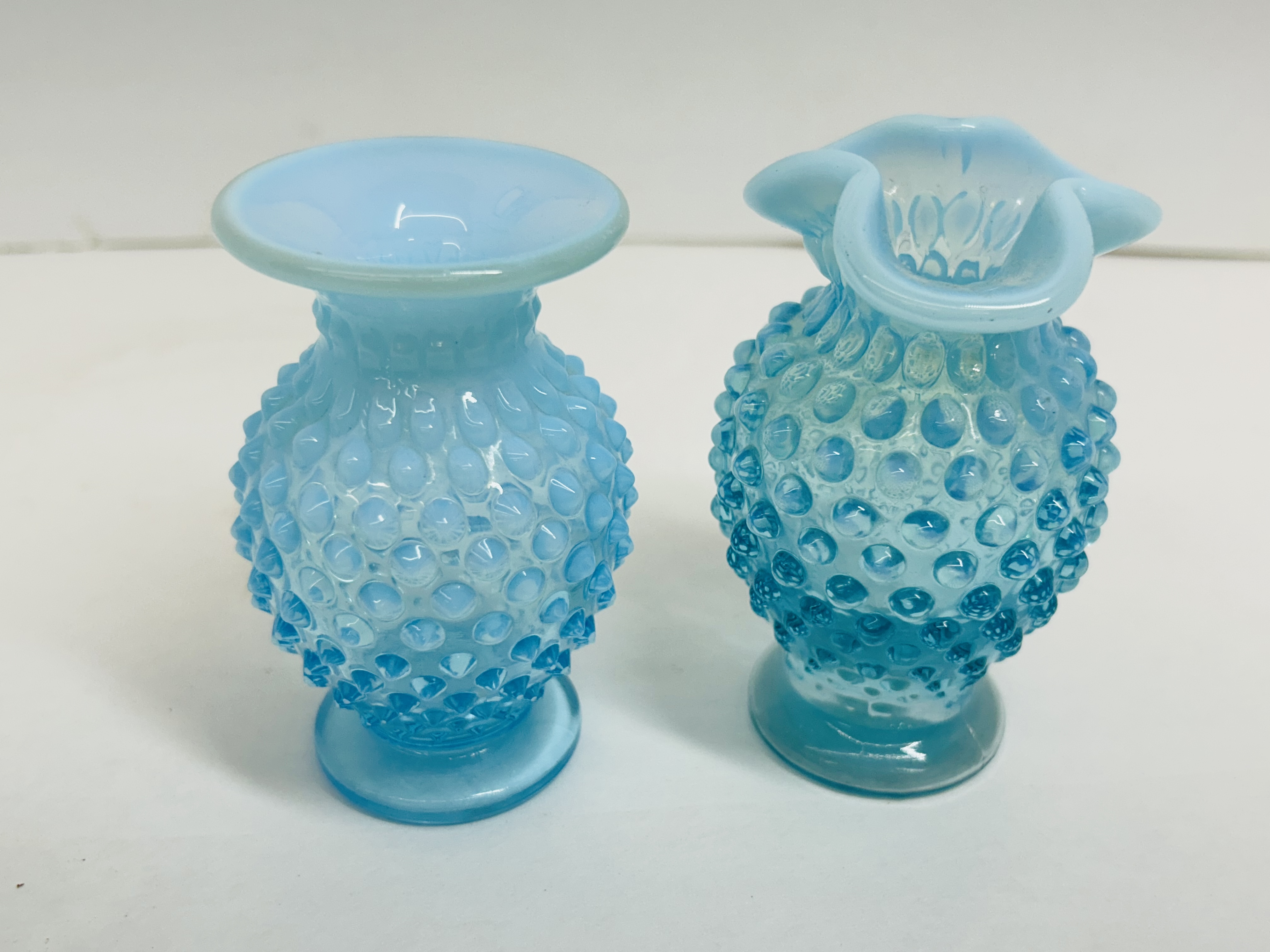 FENTON, BLUE OPALESCENT HOBNAIL GLASS VASES