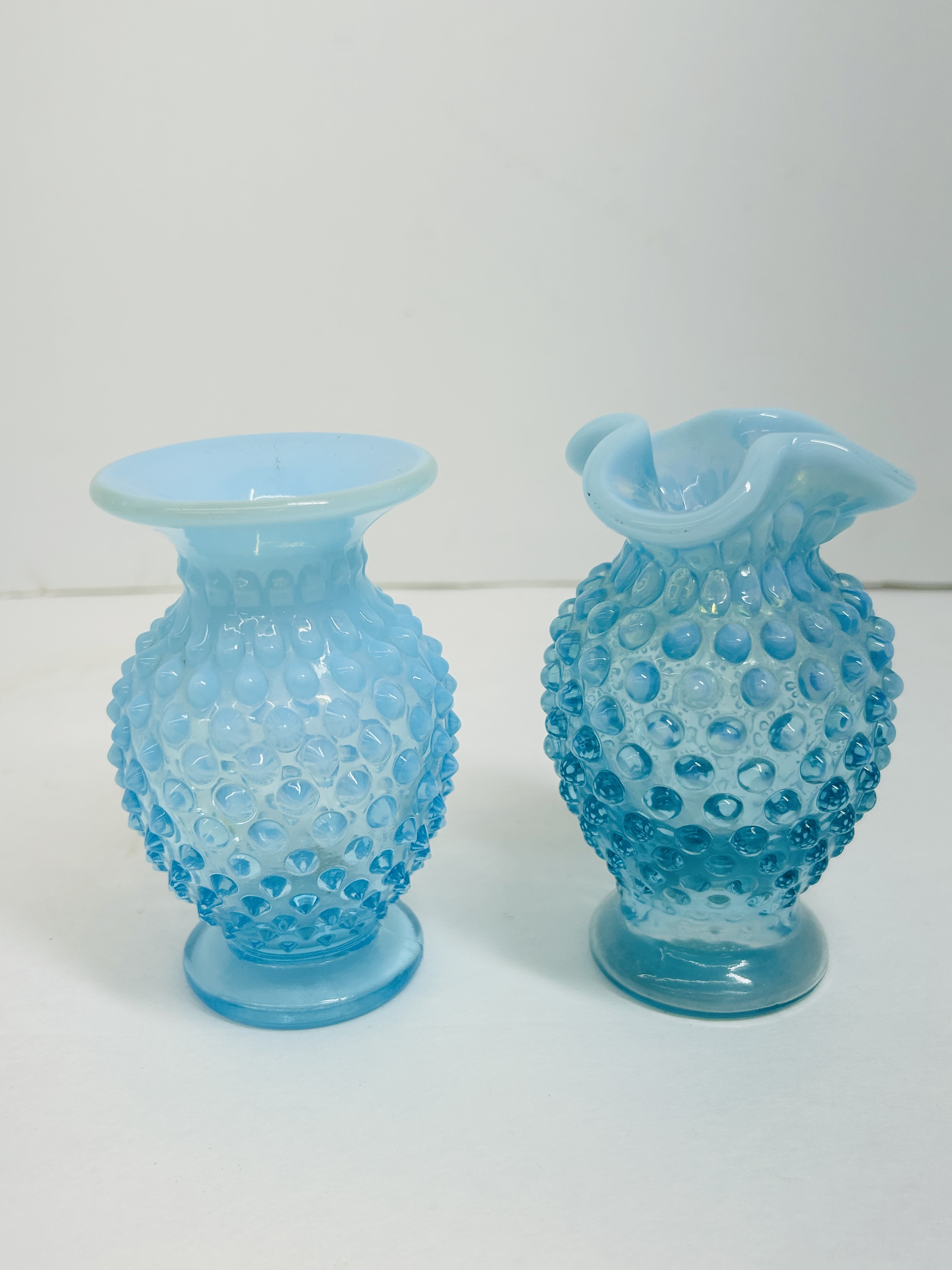 FENTON, BLUE OPALESCENT HOBNAIL GLASS VASES