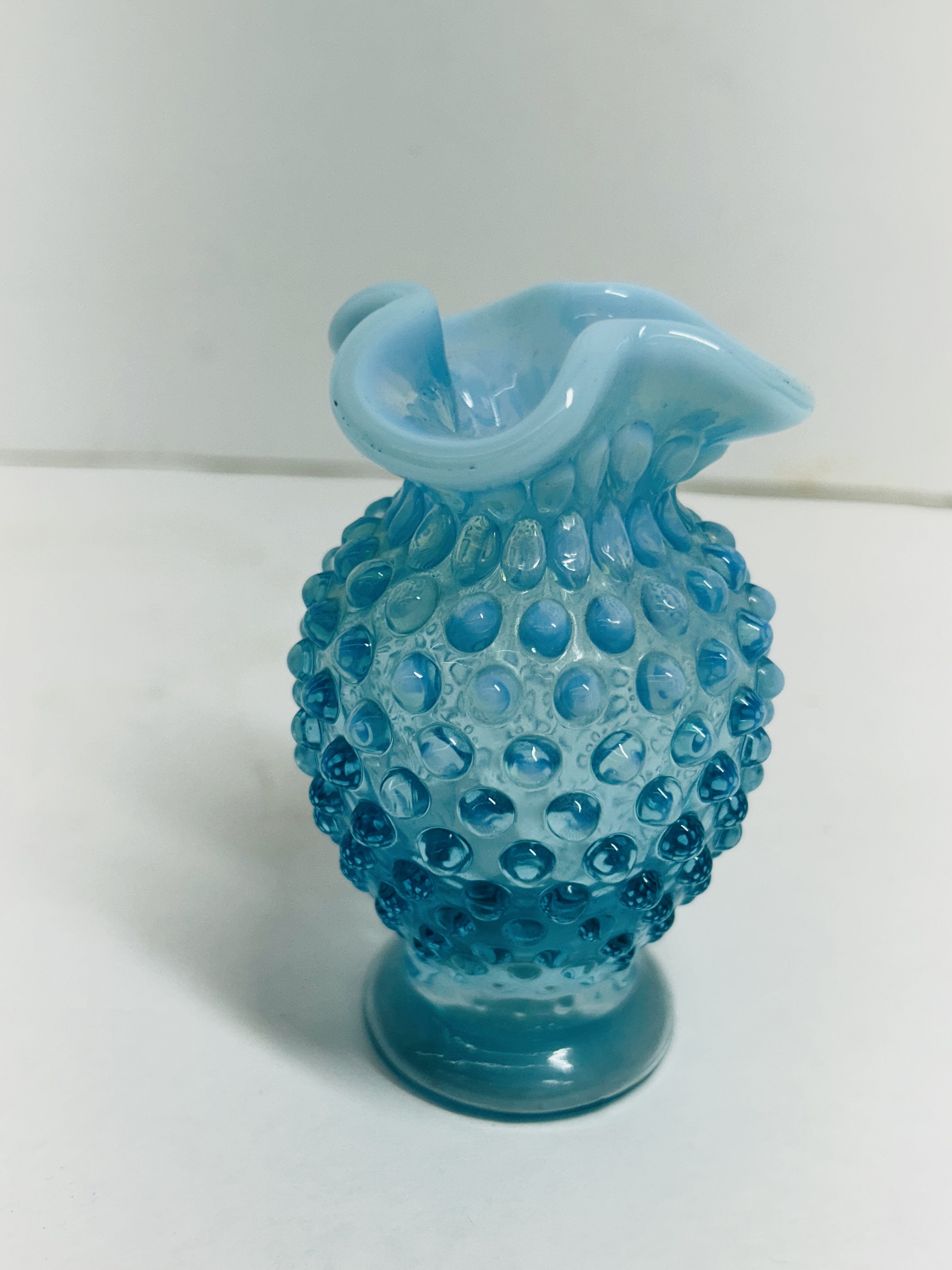 FENTON, BLUE OPALESCENT HOBNAIL GLASS VASES