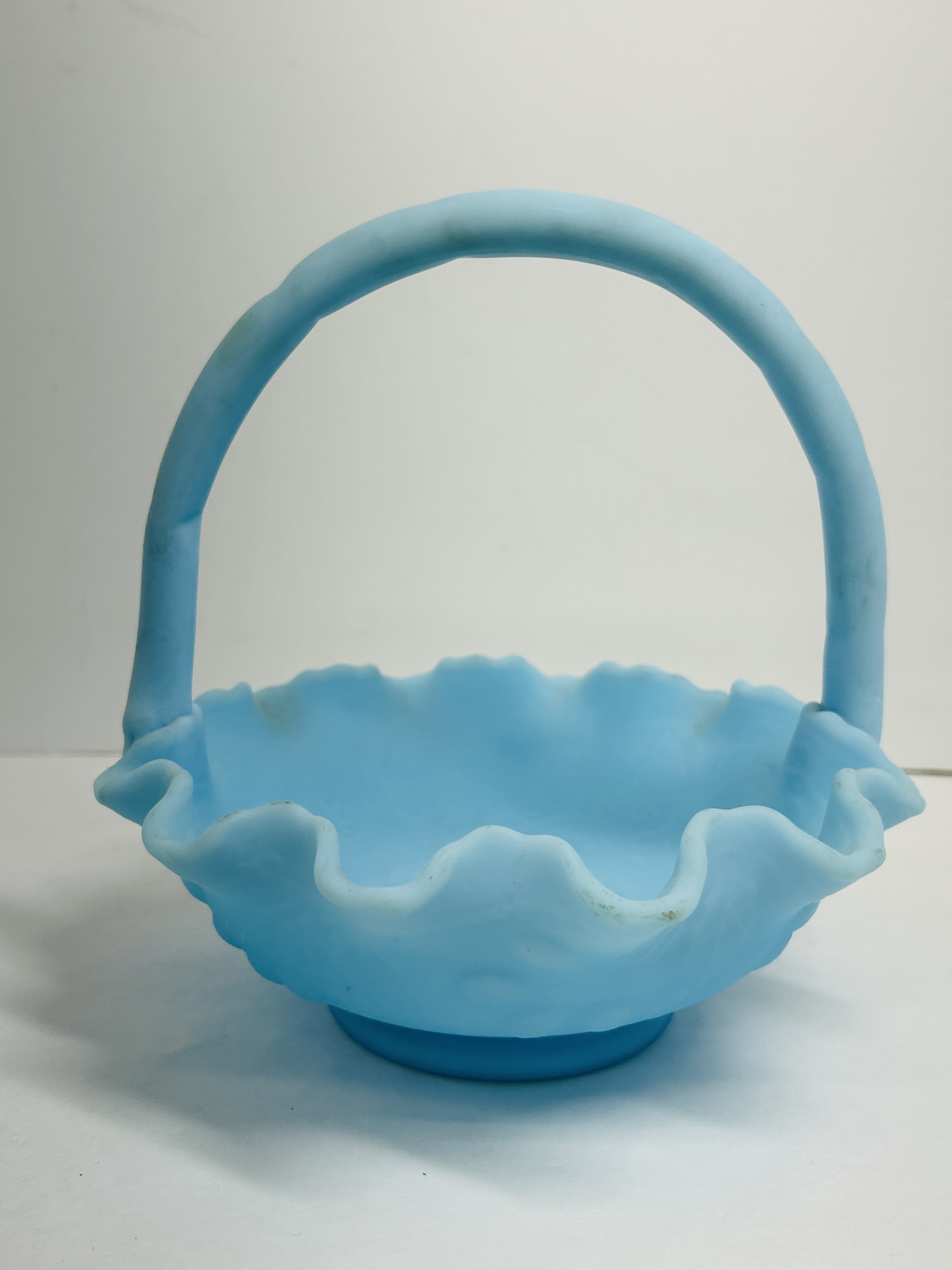 FENTON BLUE SATIN BASKET, 1970S