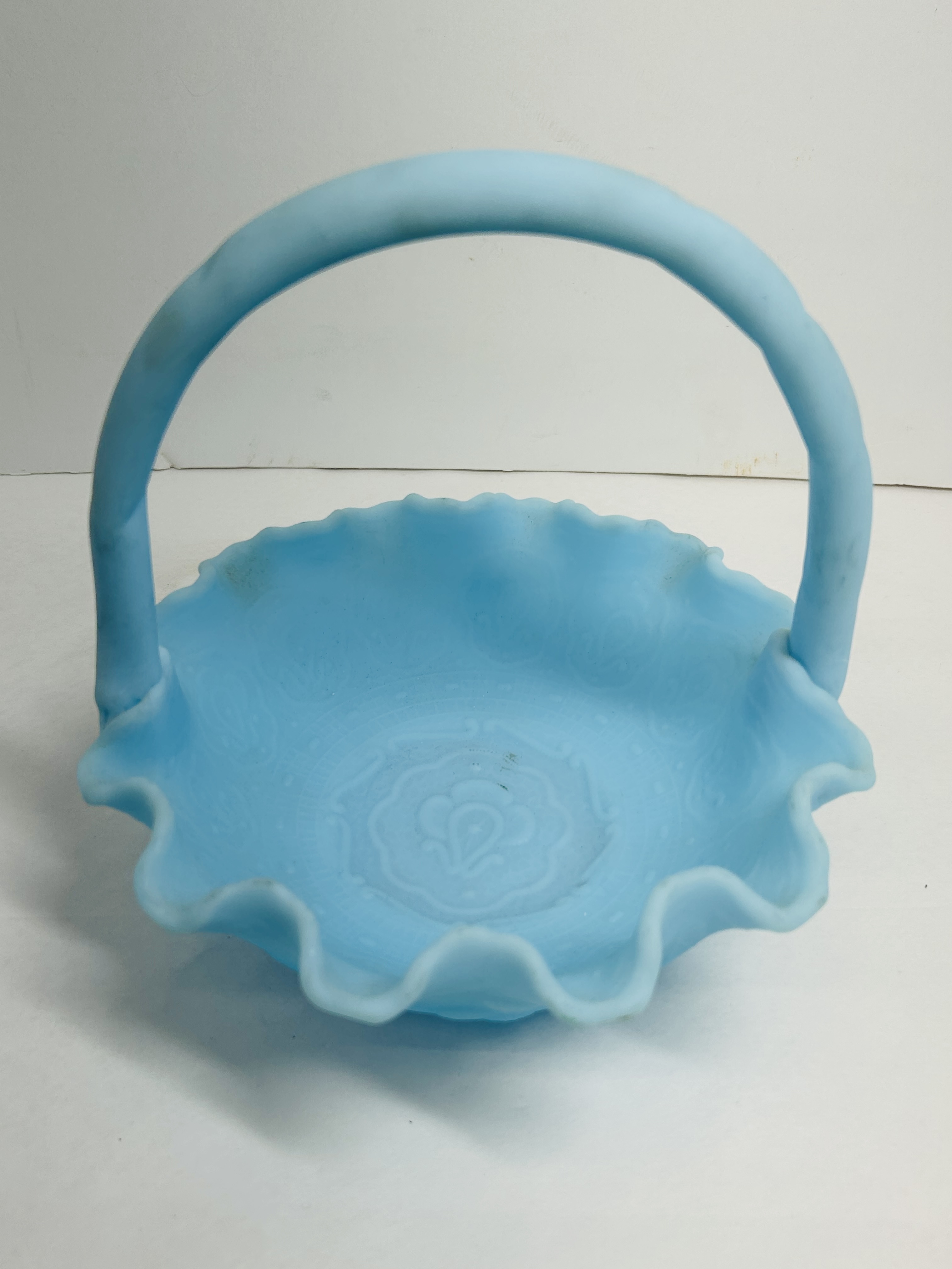 FENTON BLUE SATIN BASKET, 1970S