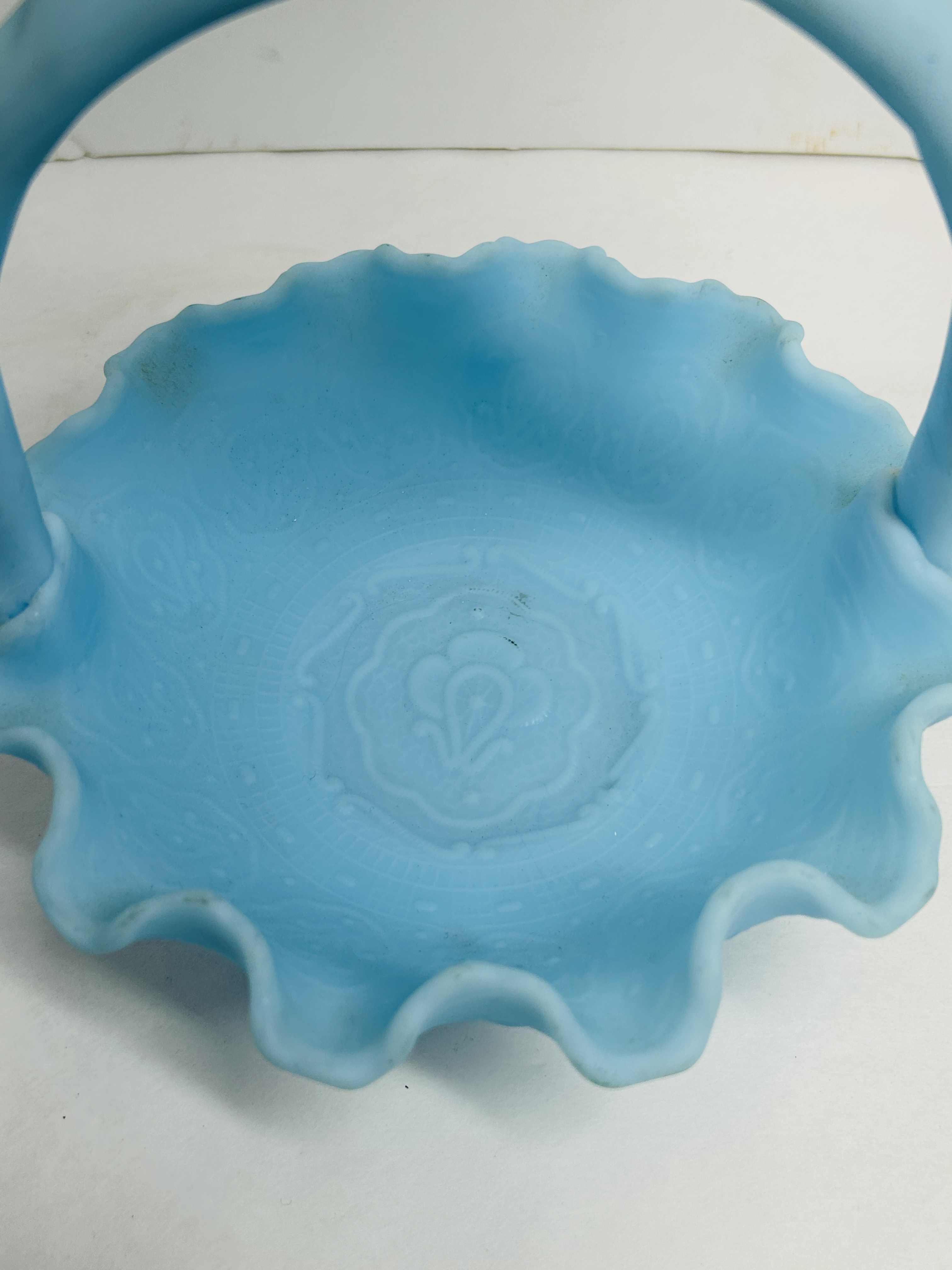FENTON BLUE SATIN BASKET, 1970S