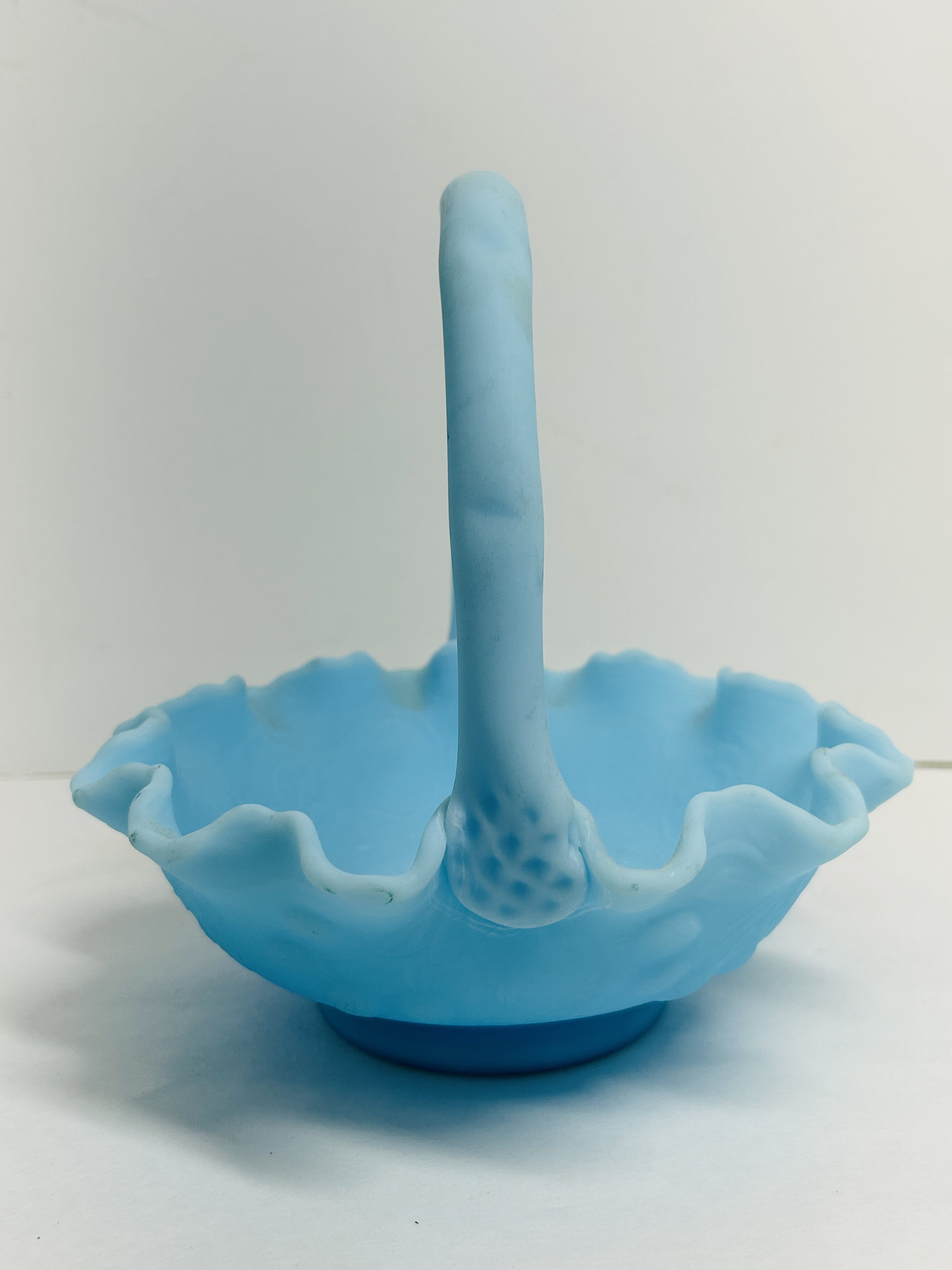 FENTON BLUE SATIN BASKET, 1970S