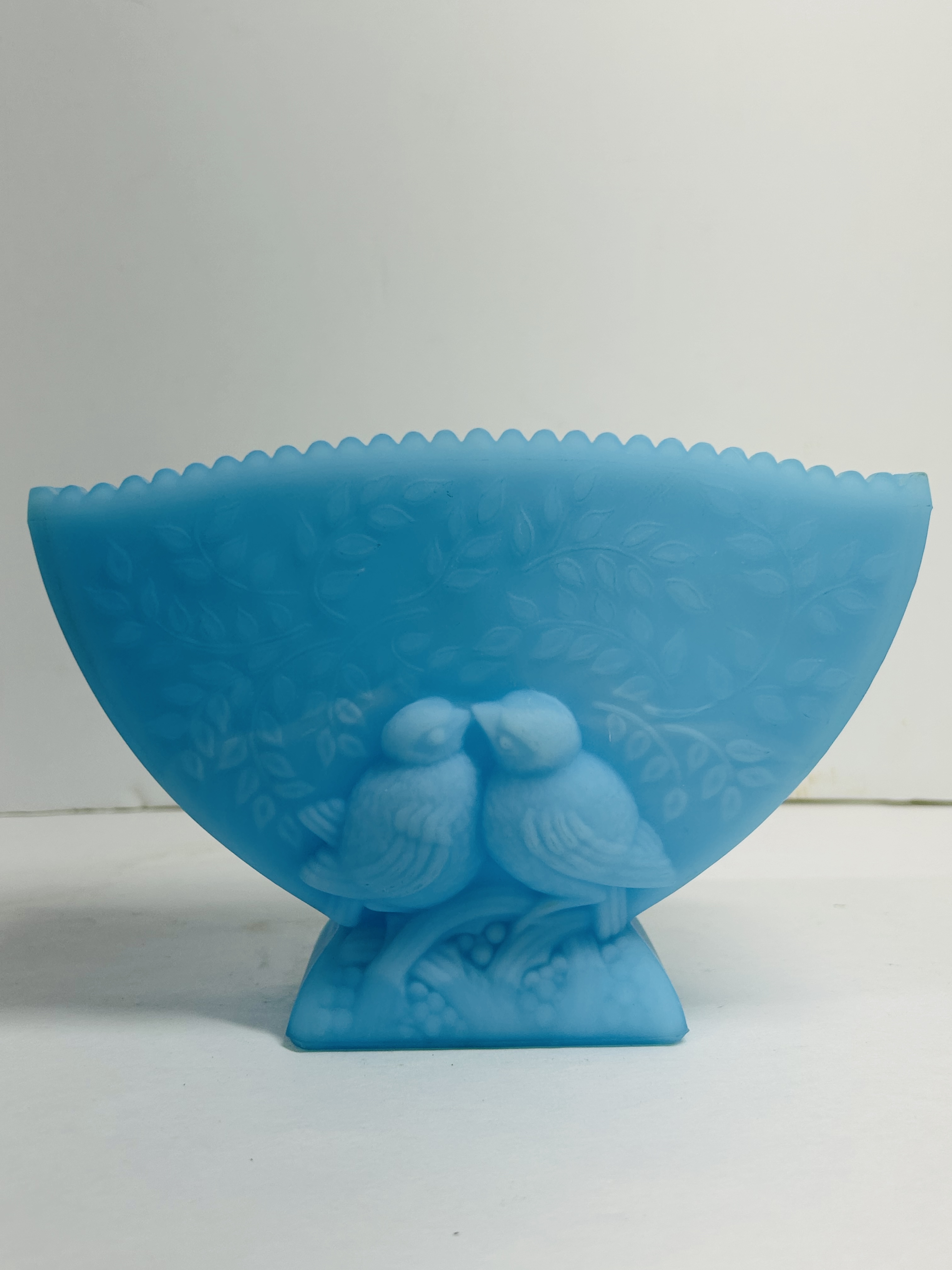 FENTON BLUE SATIN FAN VASE, CIRCA 1970S