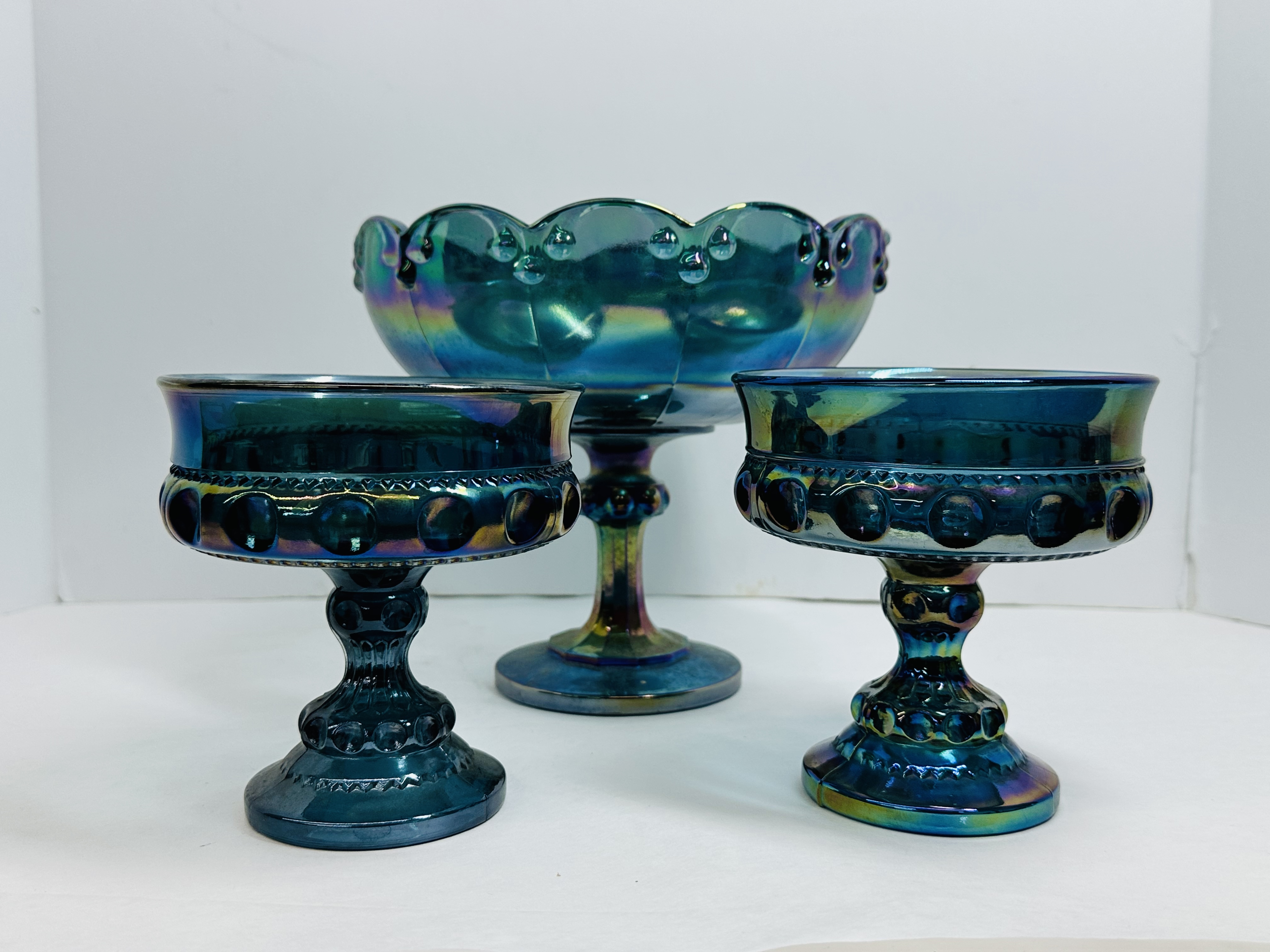 INDIANA BLUE CARNIVAL GLASS TRIO