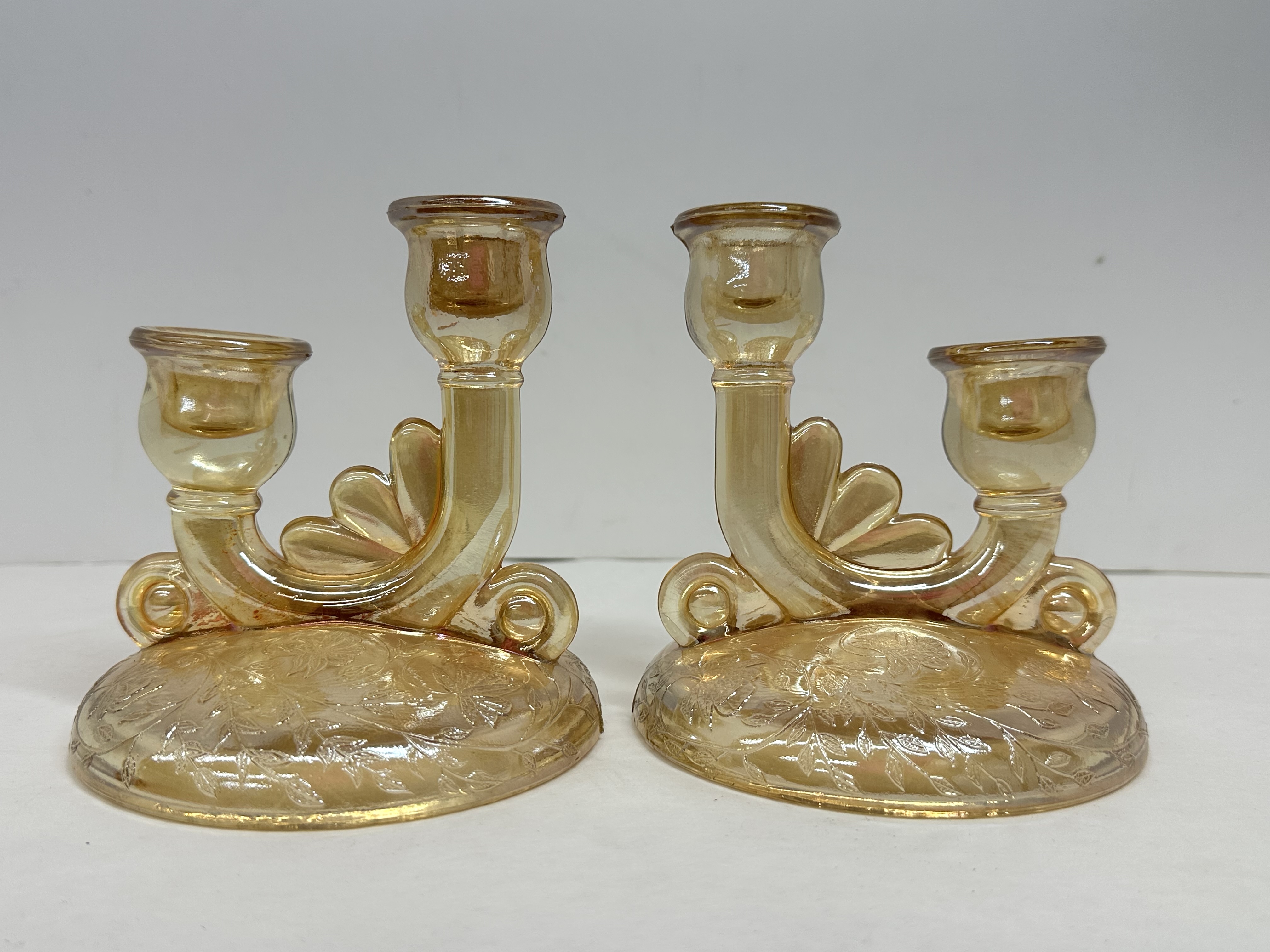 JEANNETTE MARIGOLD GLASS CANDLESTICKS, 1950S