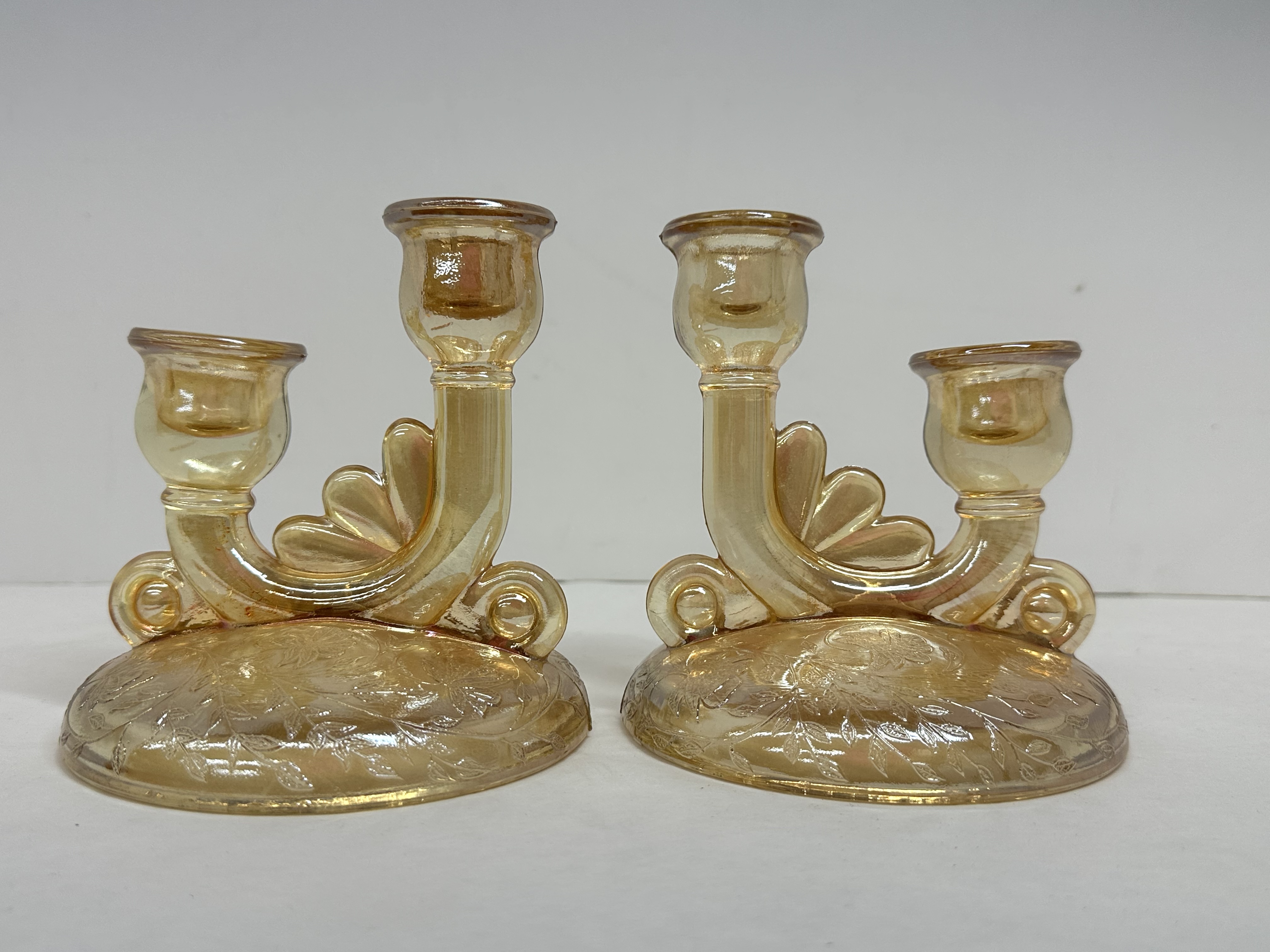 JEANNETTE MARIGOLD GLASS CANDLESTICKS, 1950S