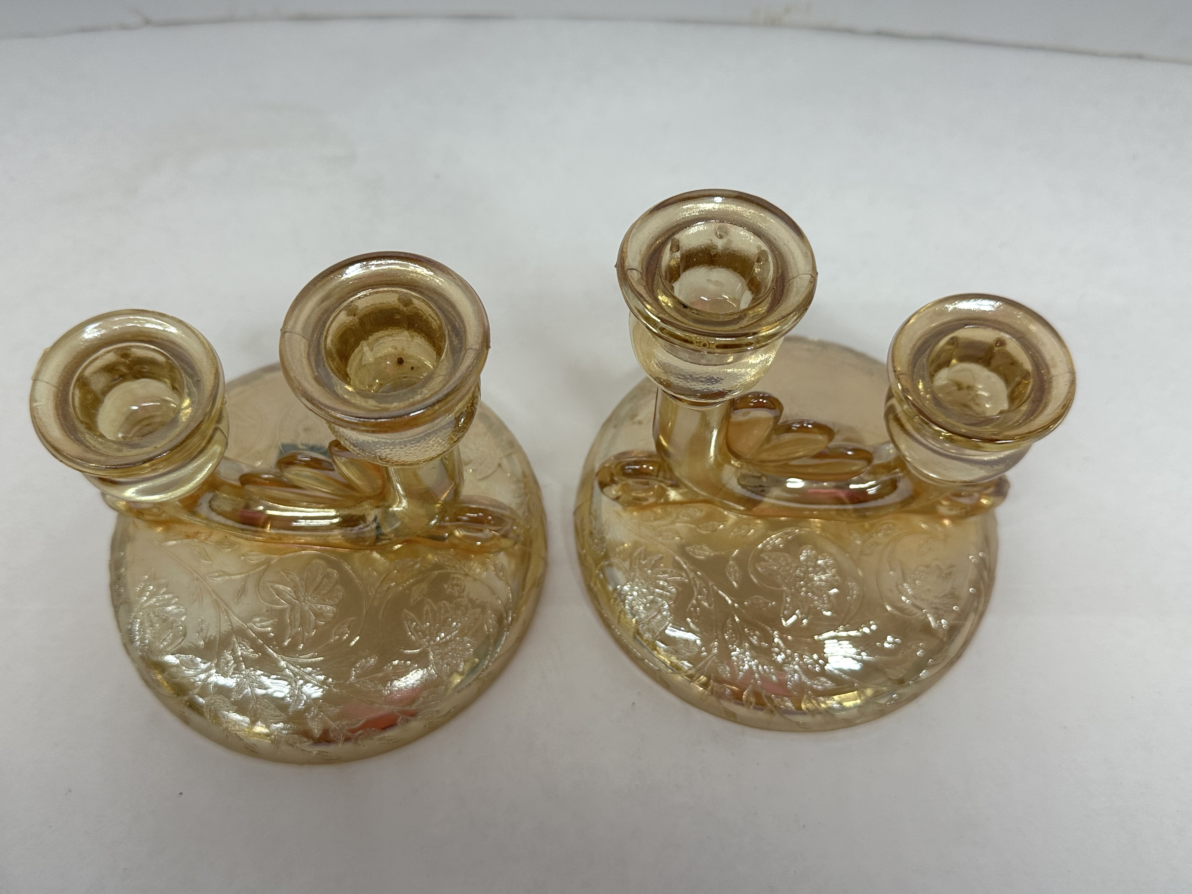 JEANNETTE MARIGOLD GLASS CANDLESTICKS, 1950S