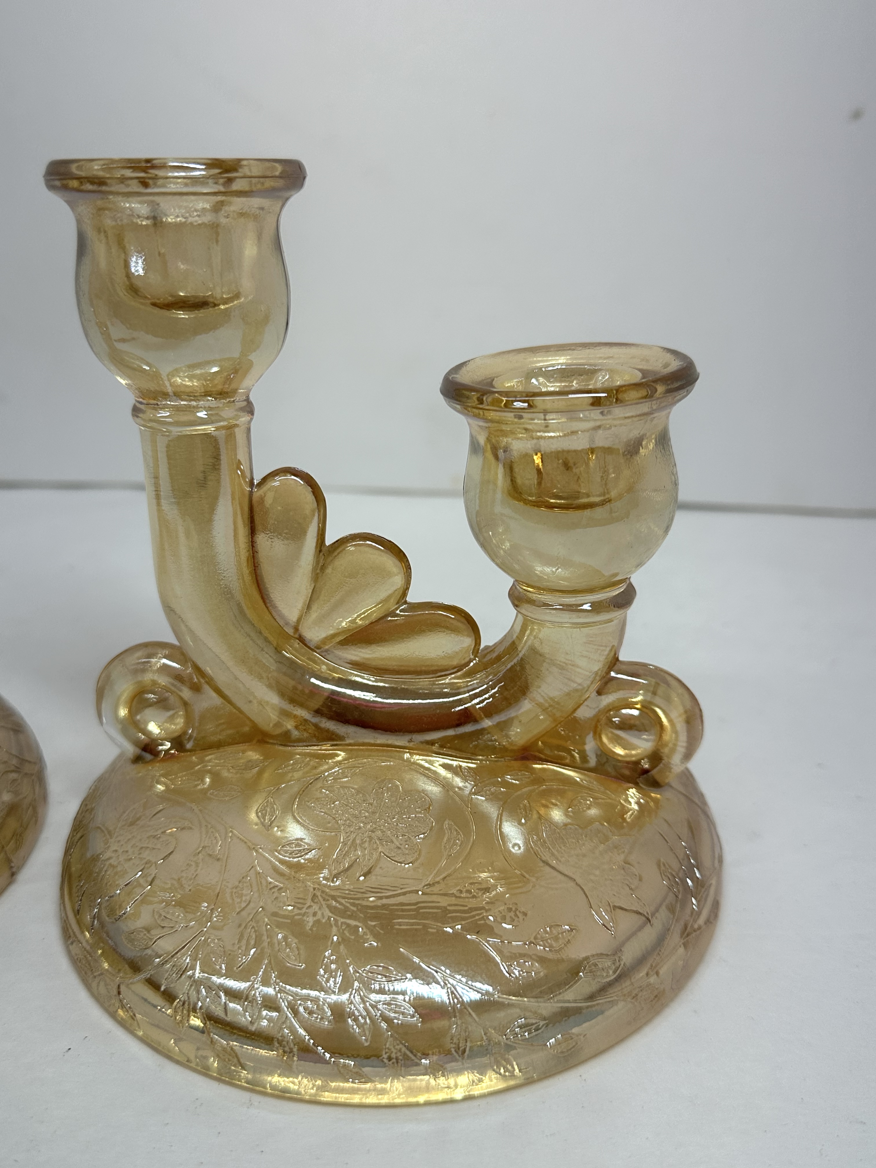 JEANNETTE MARIGOLD GLASS CANDLESTICKS, 1950S