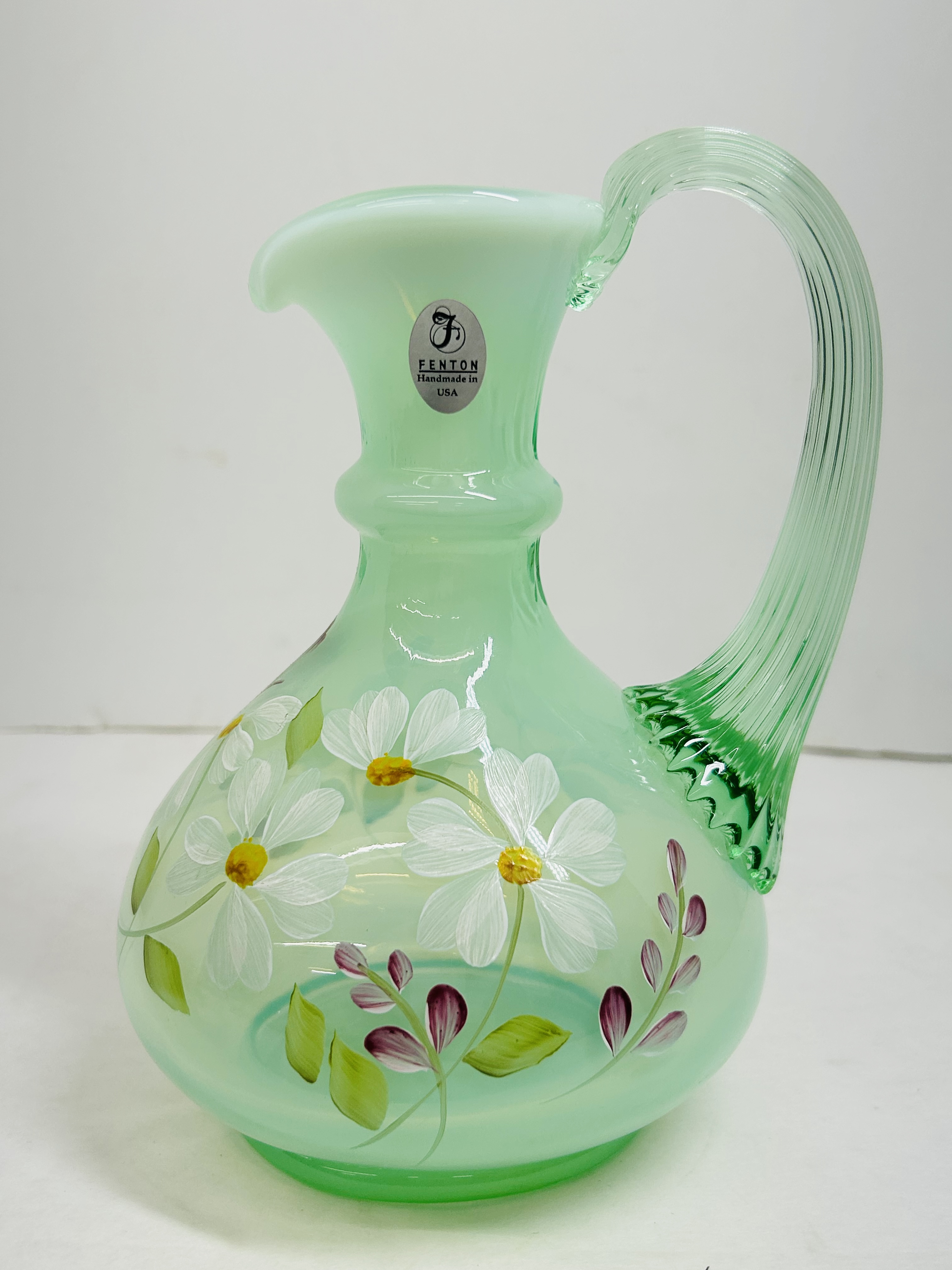 FENTON GREEN OPALESCENT GLASS PITCHER, 1980