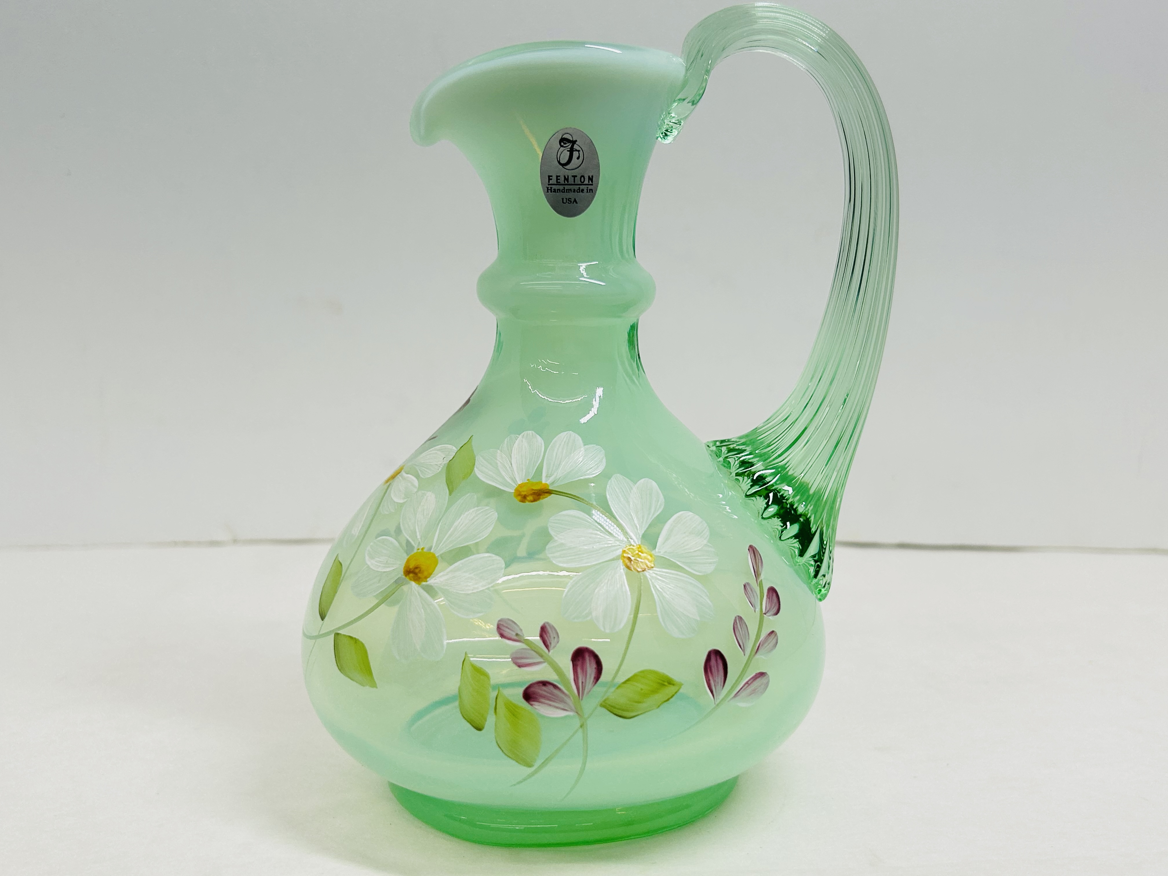 FENTON GREEN OPALESCENT GLASS PITCHER, 1980