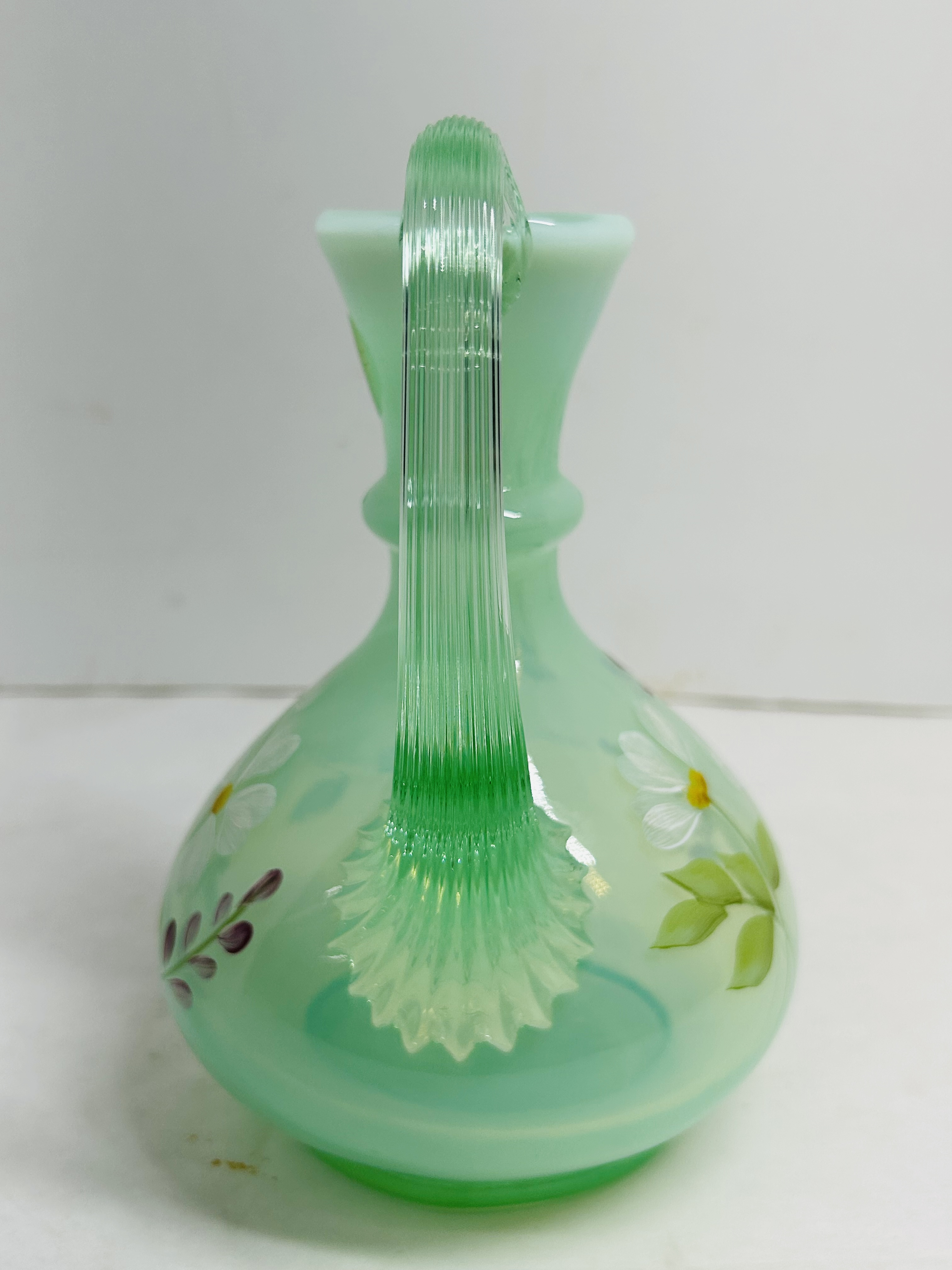 FENTON GREEN OPALESCENT GLASS PITCHER, 1980
