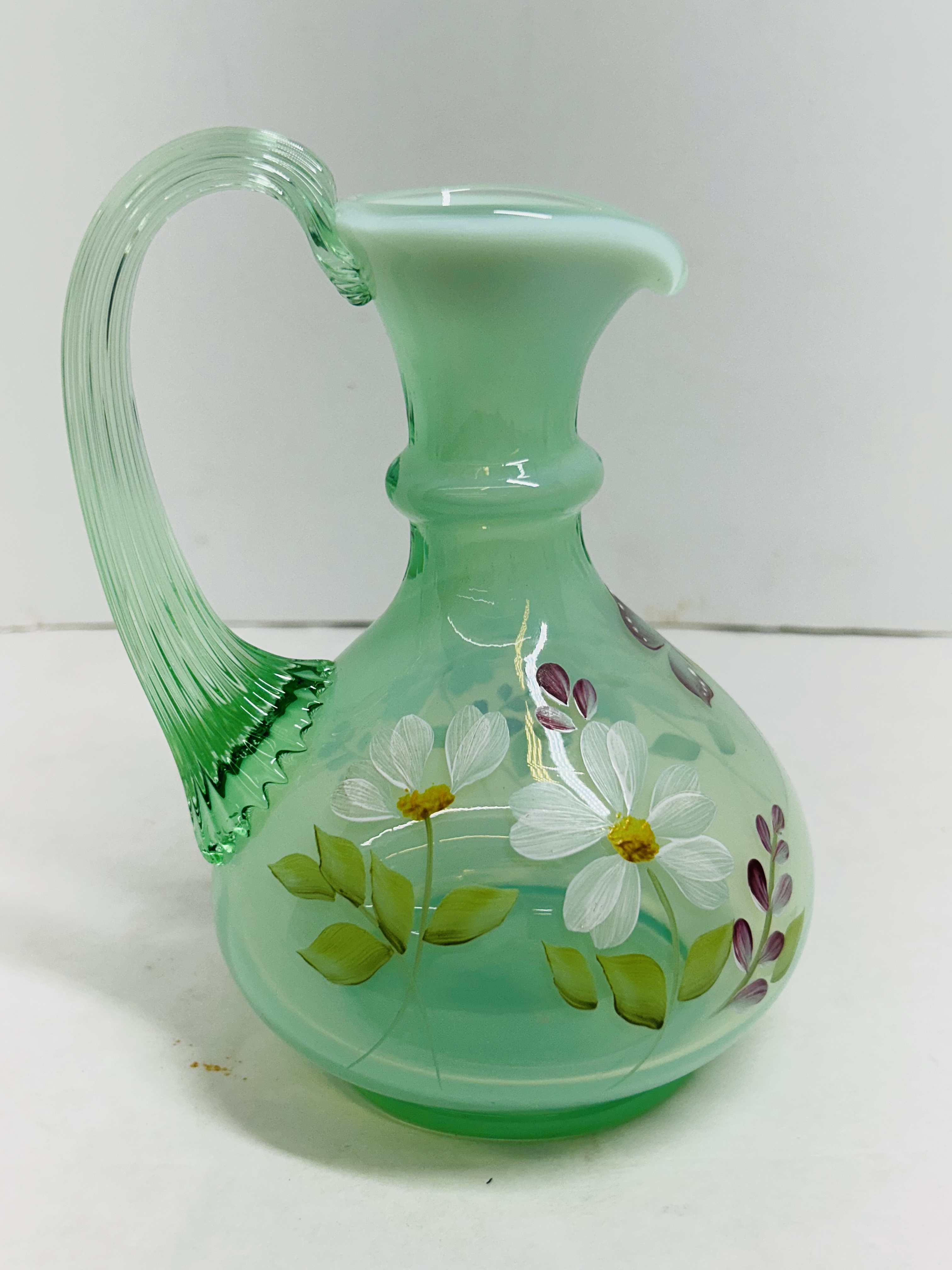 FENTON GREEN OPALESCENT GLASS PITCHER, 1980