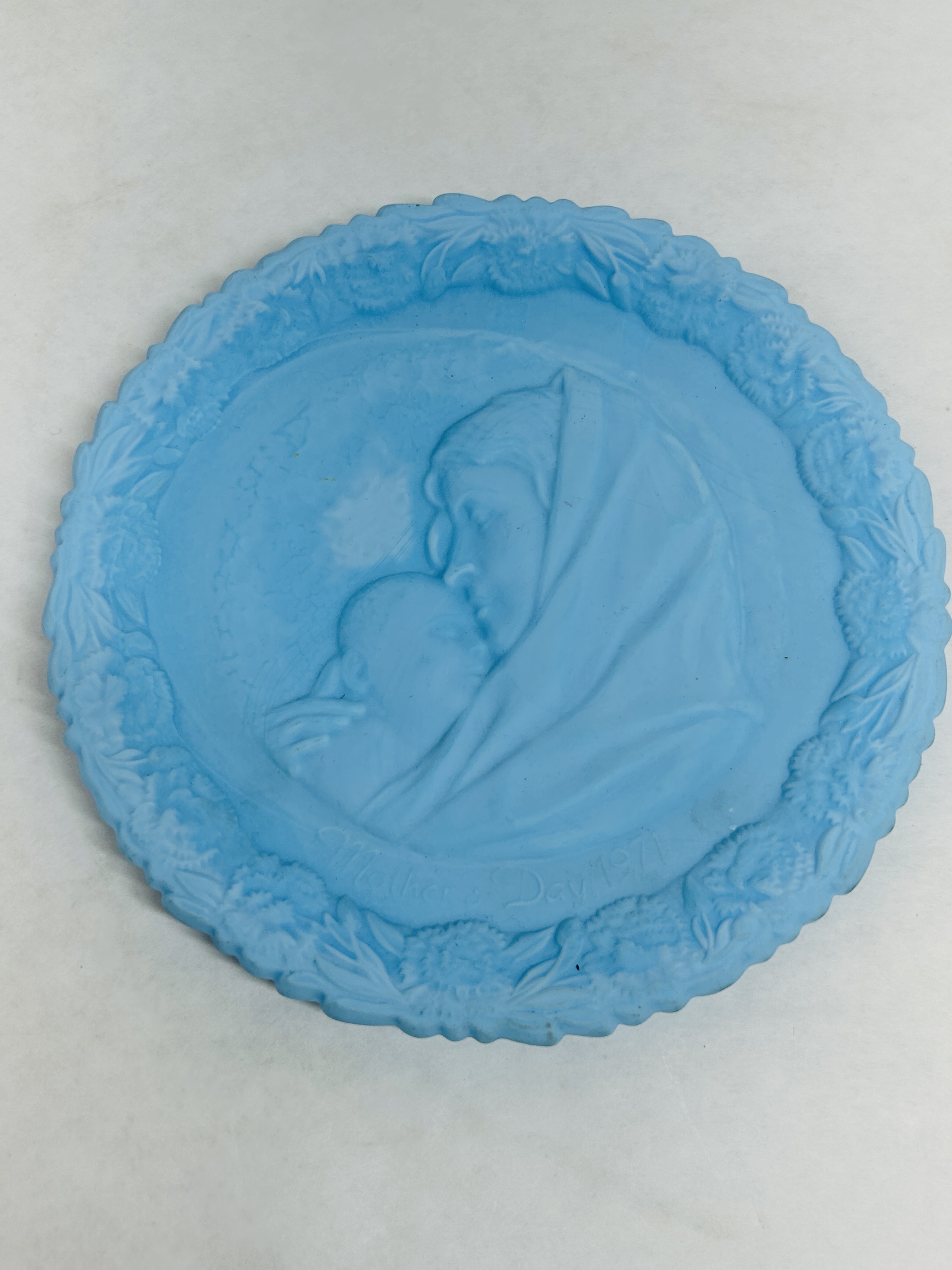 FENTON BLUE SATIN GLASS PLATE, 1971