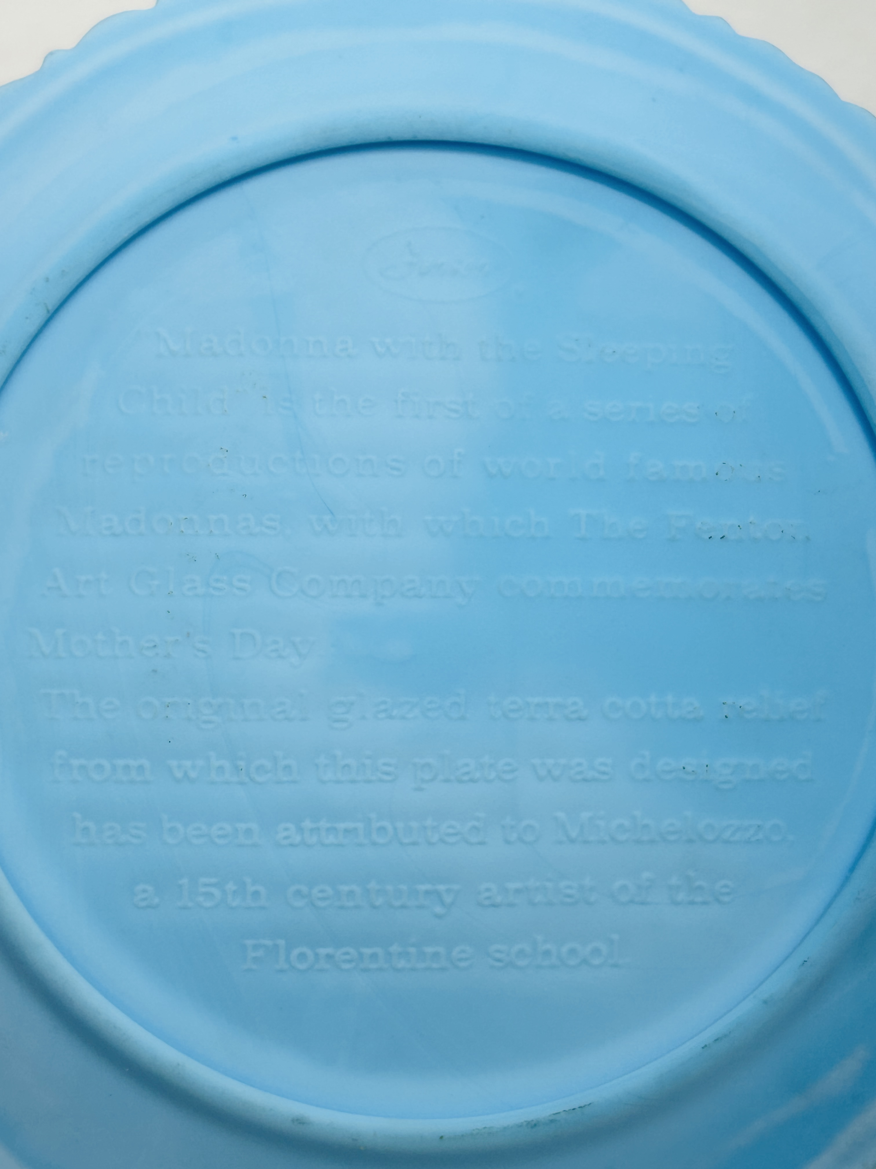 FENTON BLUE SATIN GLASS PLATE, 1971