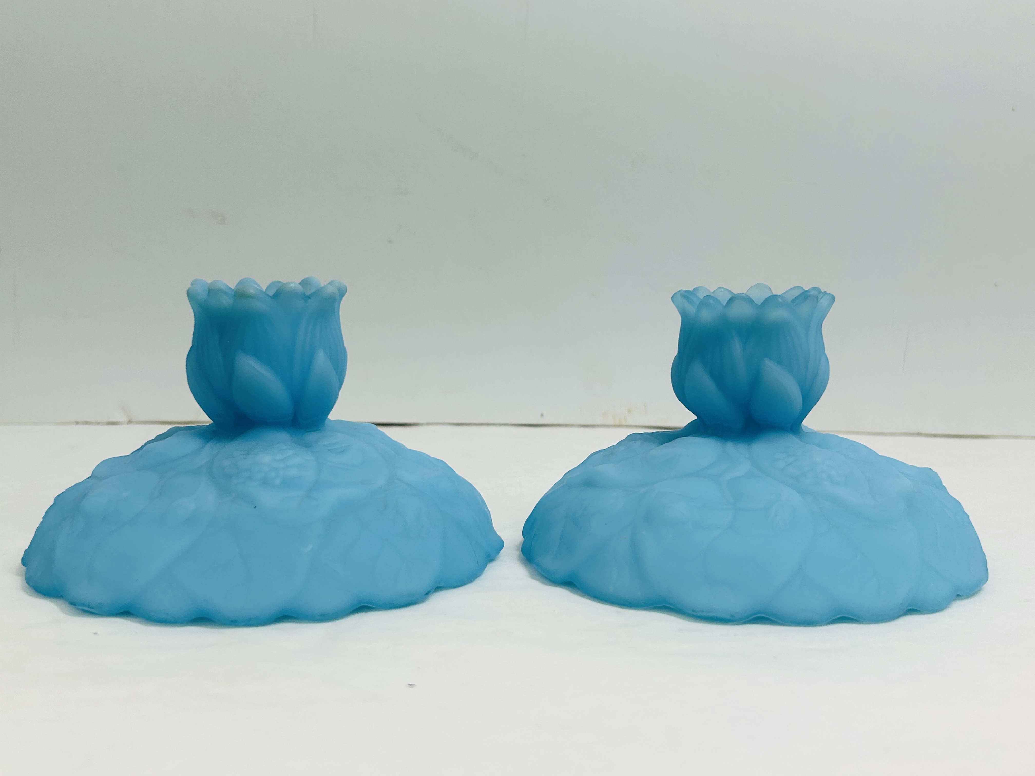 FENTON BLUE SATIN CANDLESTICKS, VINTAGE