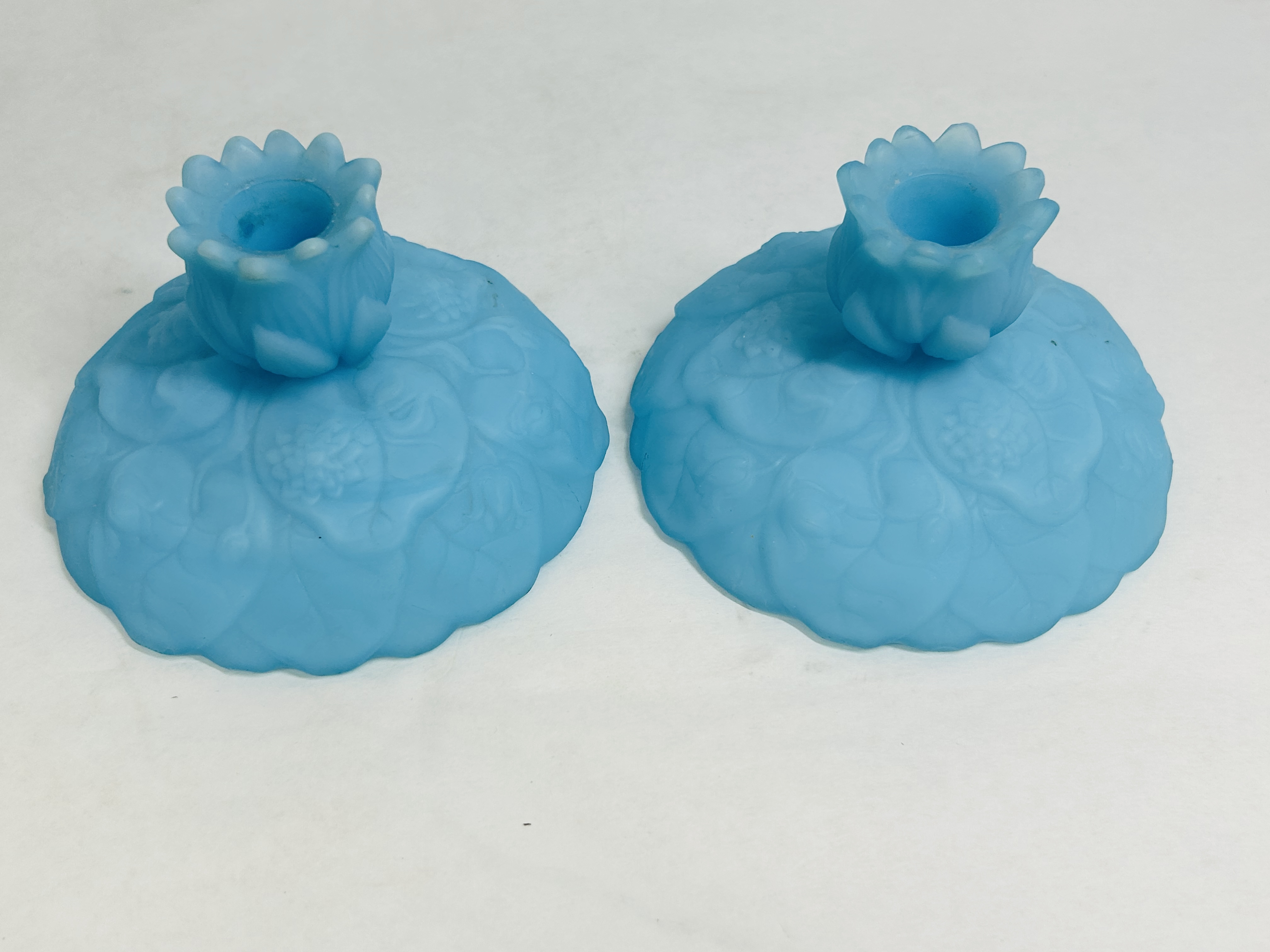 FENTON BLUE SATIN CANDLESTICKS, VINTAGE