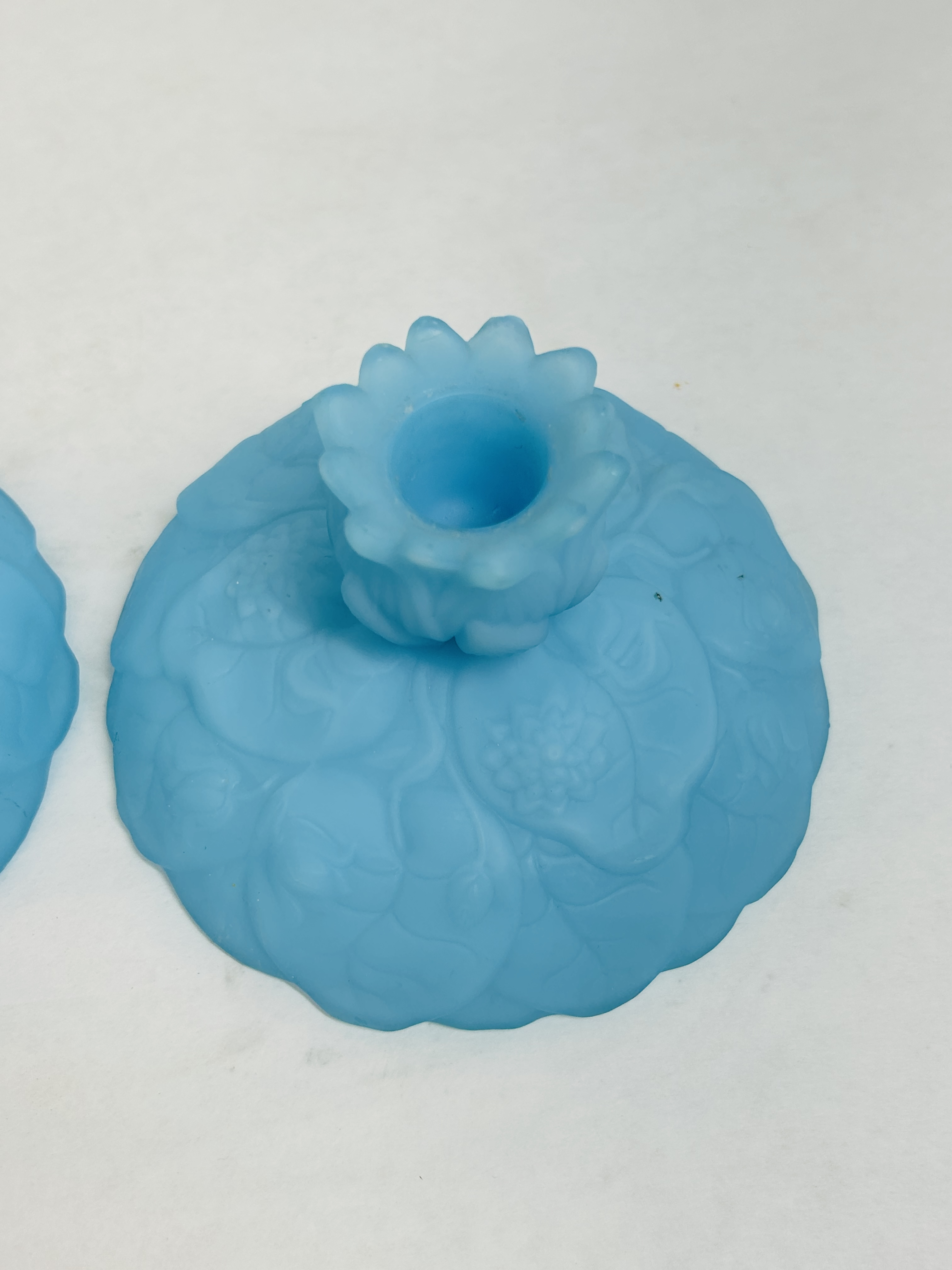 FENTON BLUE SATIN CANDLESTICKS, VINTAGE