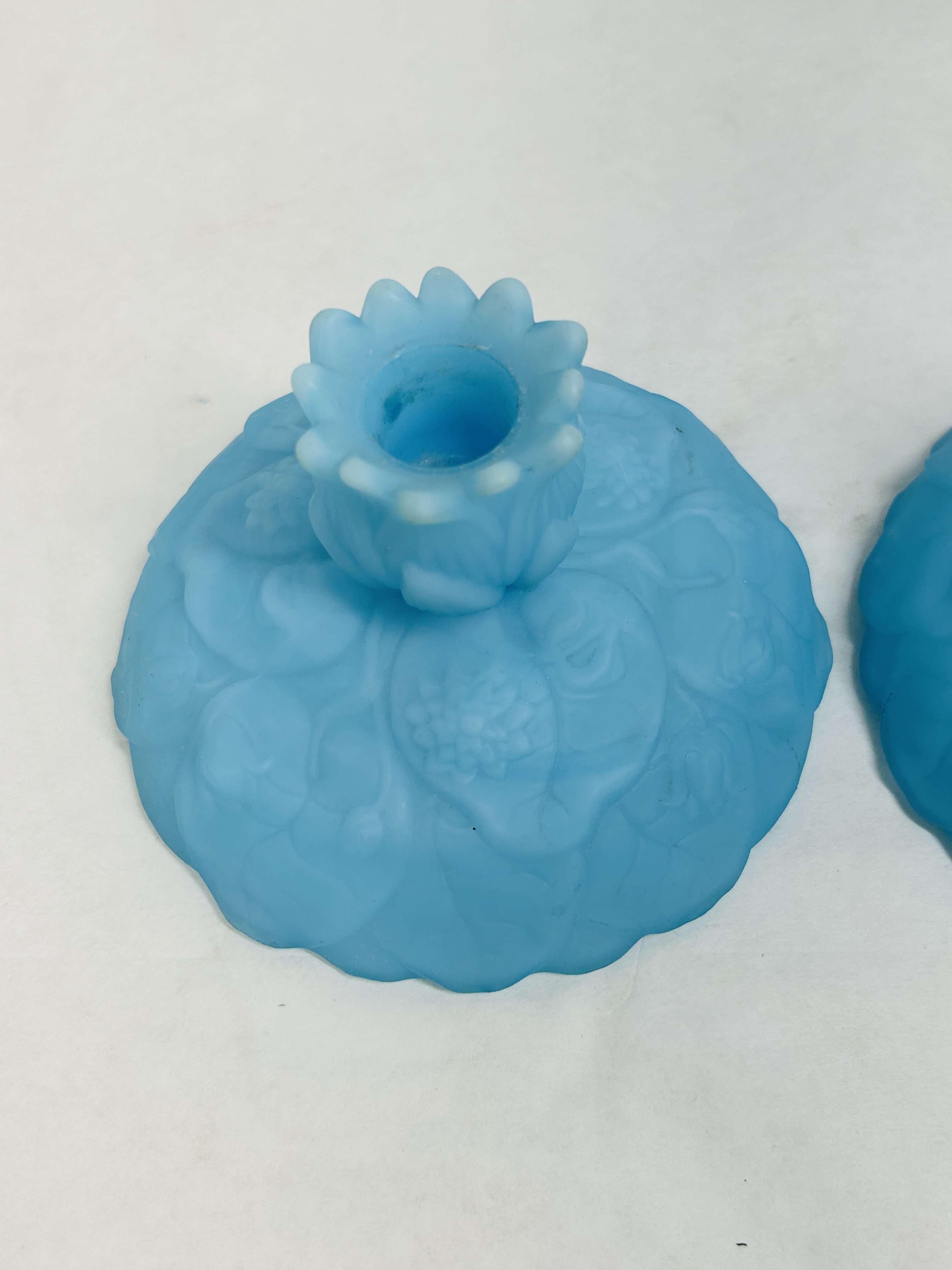 FENTON BLUE SATIN CANDLESTICKS, VINTAGE