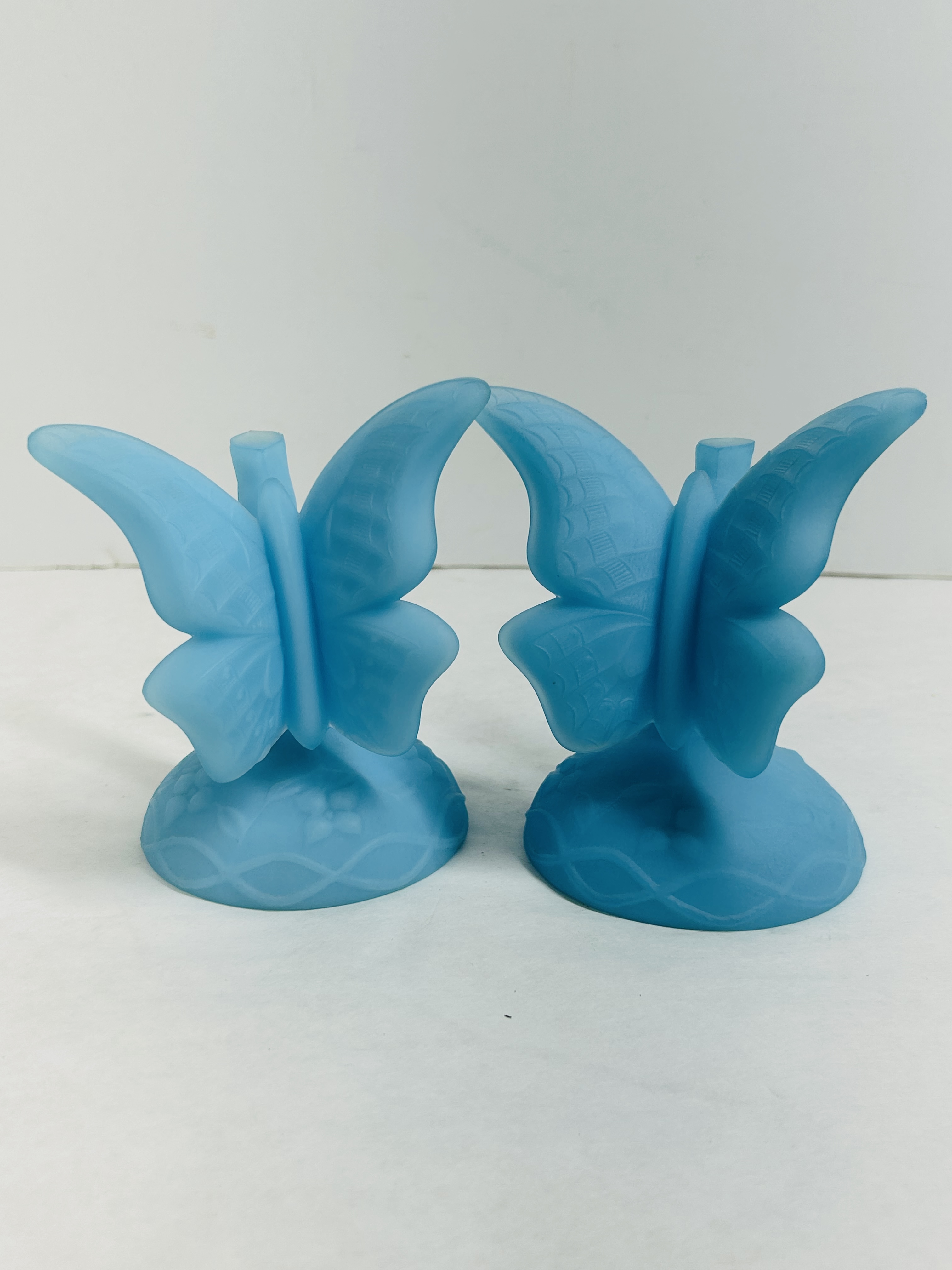 BLUE SATIN GLASS BUTTERFLY HOLDERS, MID-20TH CENTURY