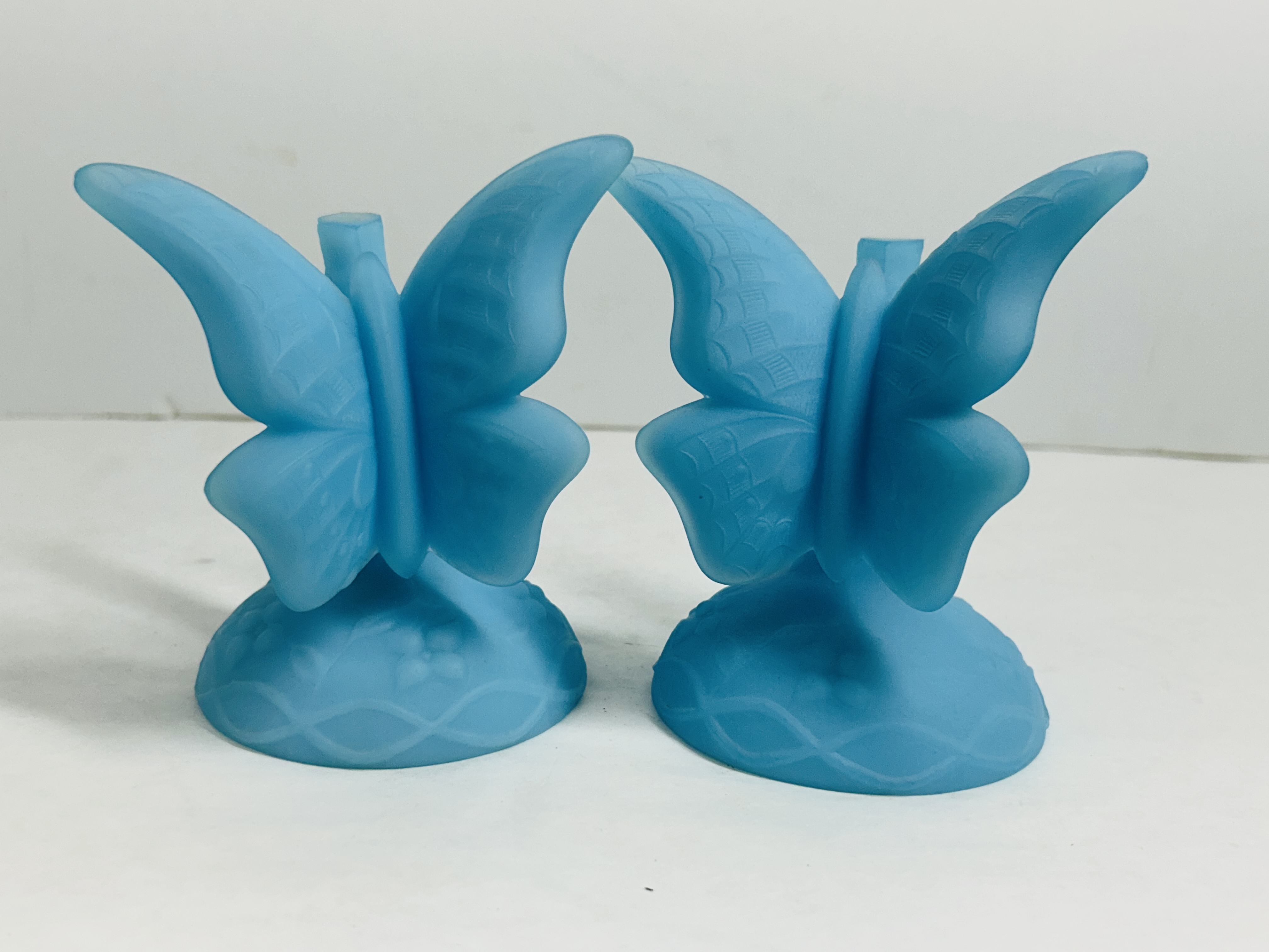BLUE SATIN GLASS BUTTERFLY HOLDERS, MID-20TH CENTURY