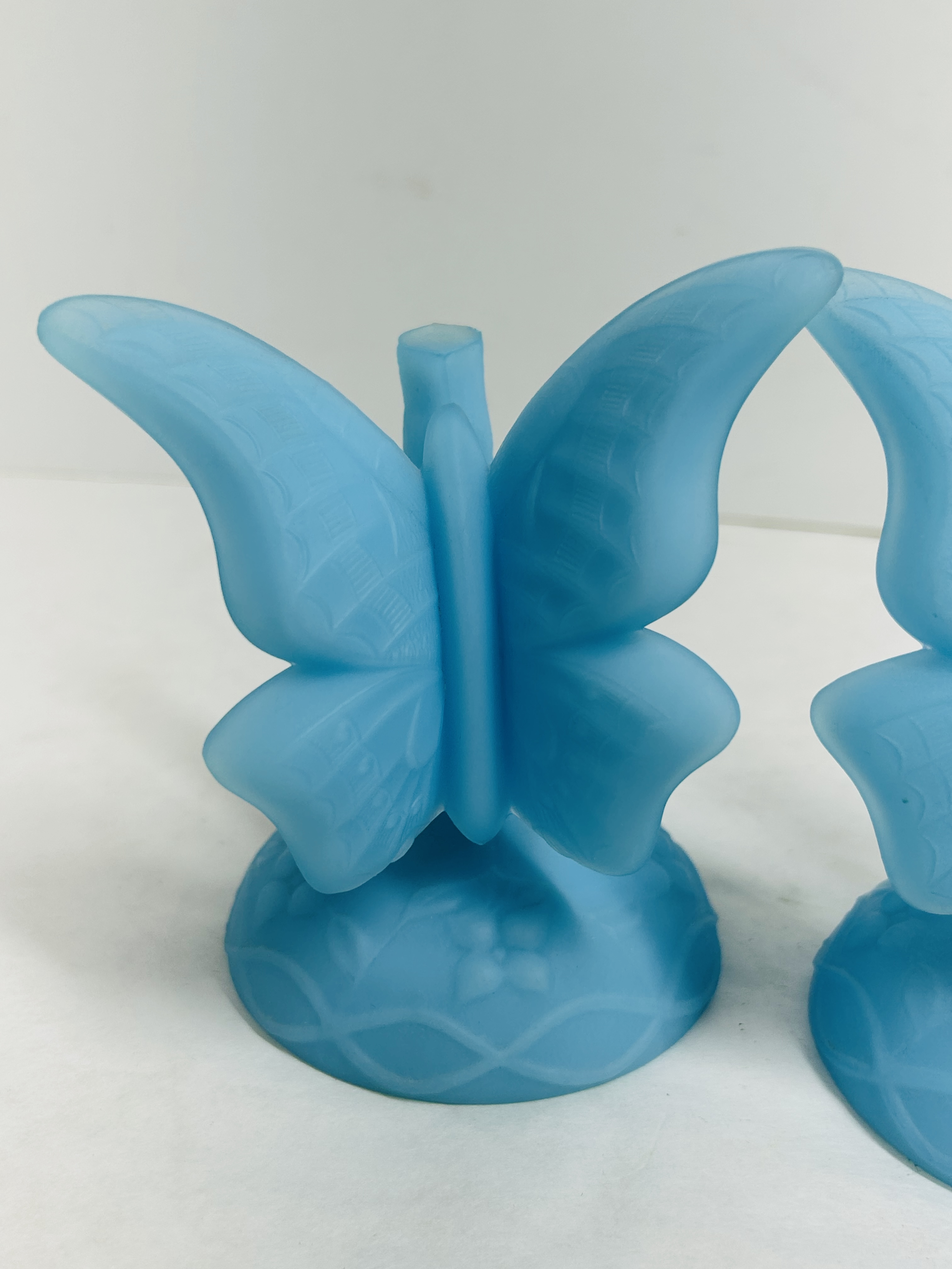 BLUE SATIN GLASS BUTTERFLY HOLDERS, MID-20TH CENTURY