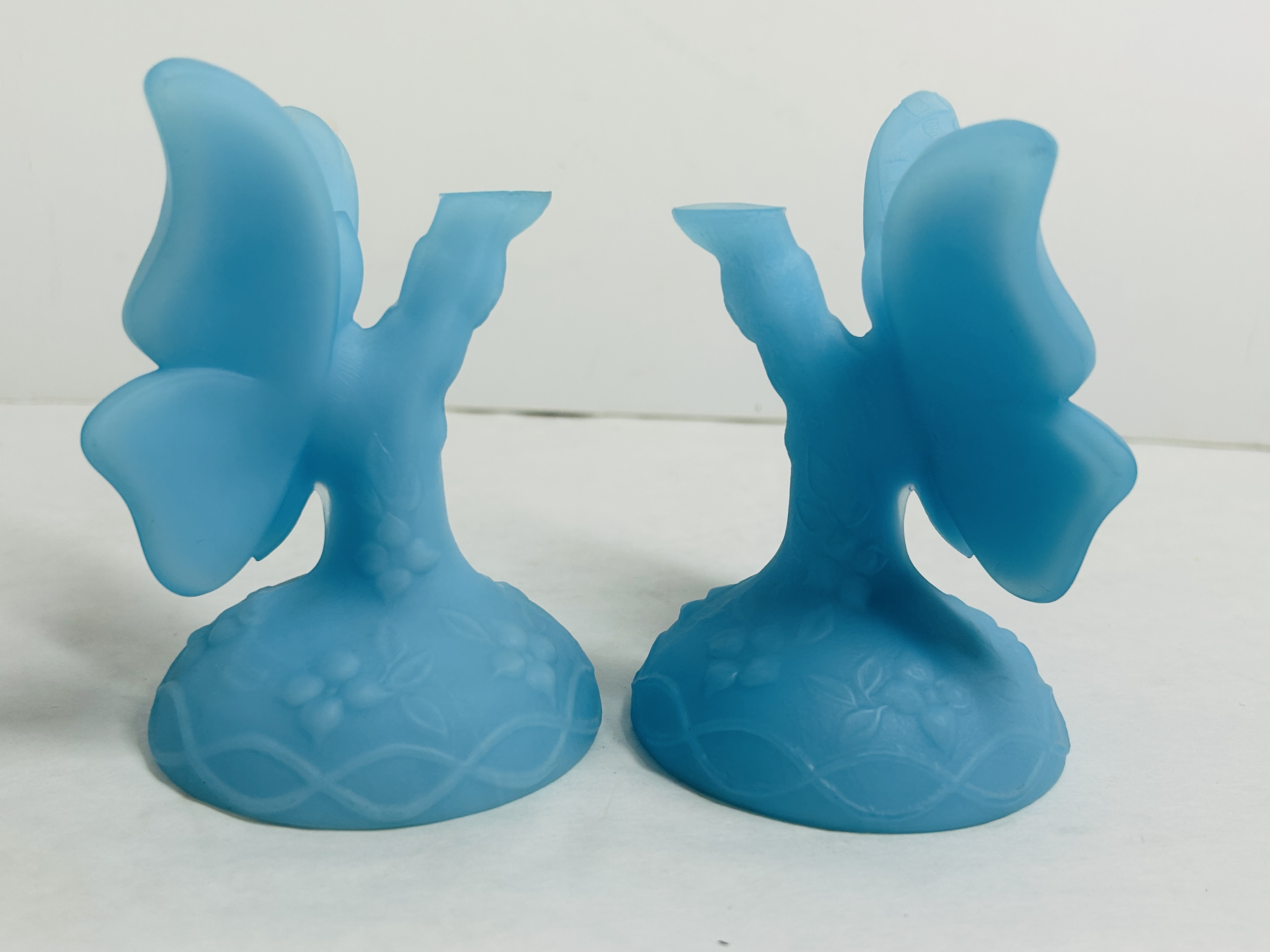 BLUE SATIN GLASS BUTTERFLY HOLDERS, MID-20TH CENTURY