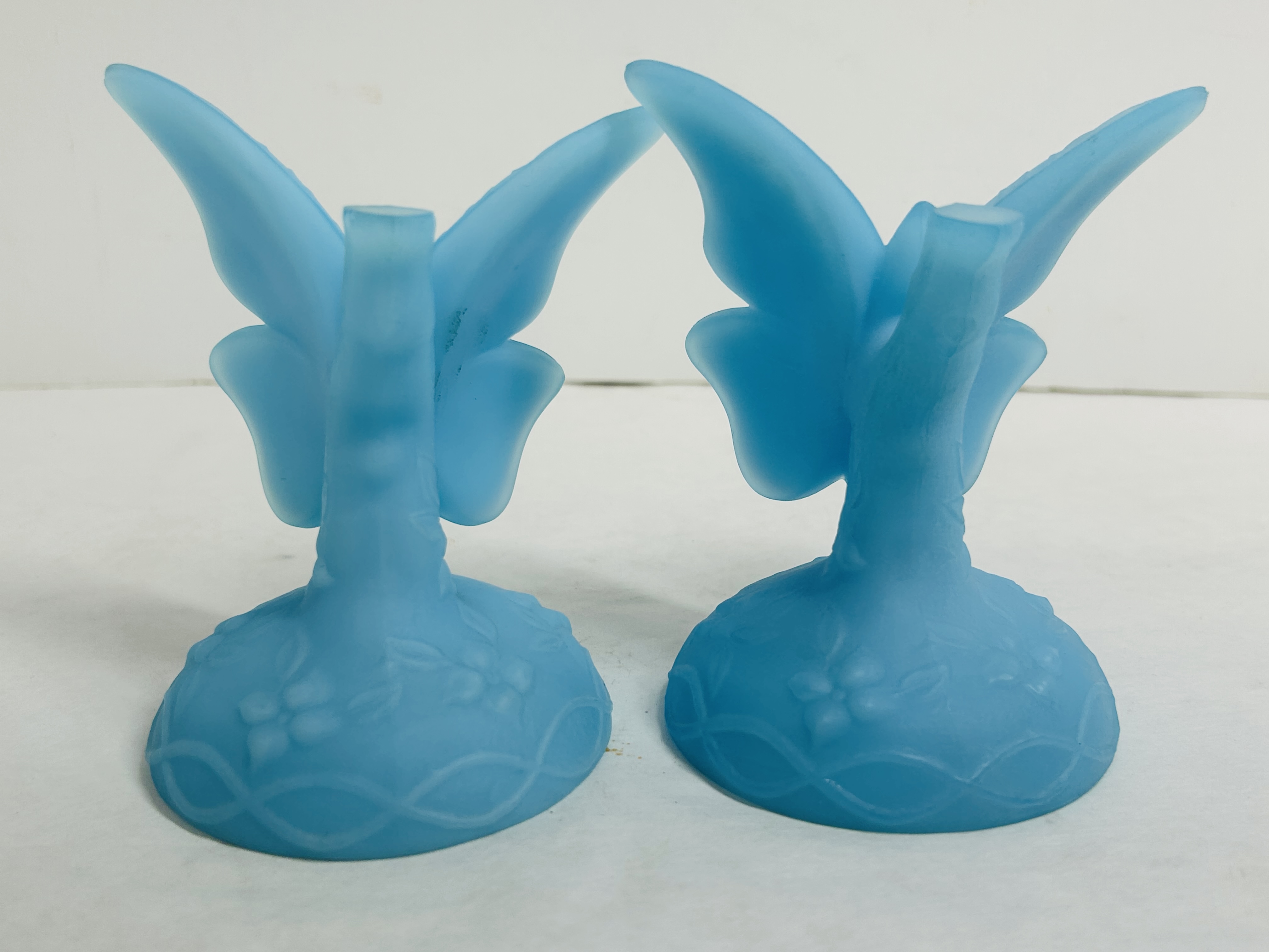 BLUE SATIN GLASS BUTTERFLY HOLDERS, MID-20TH CENTURY