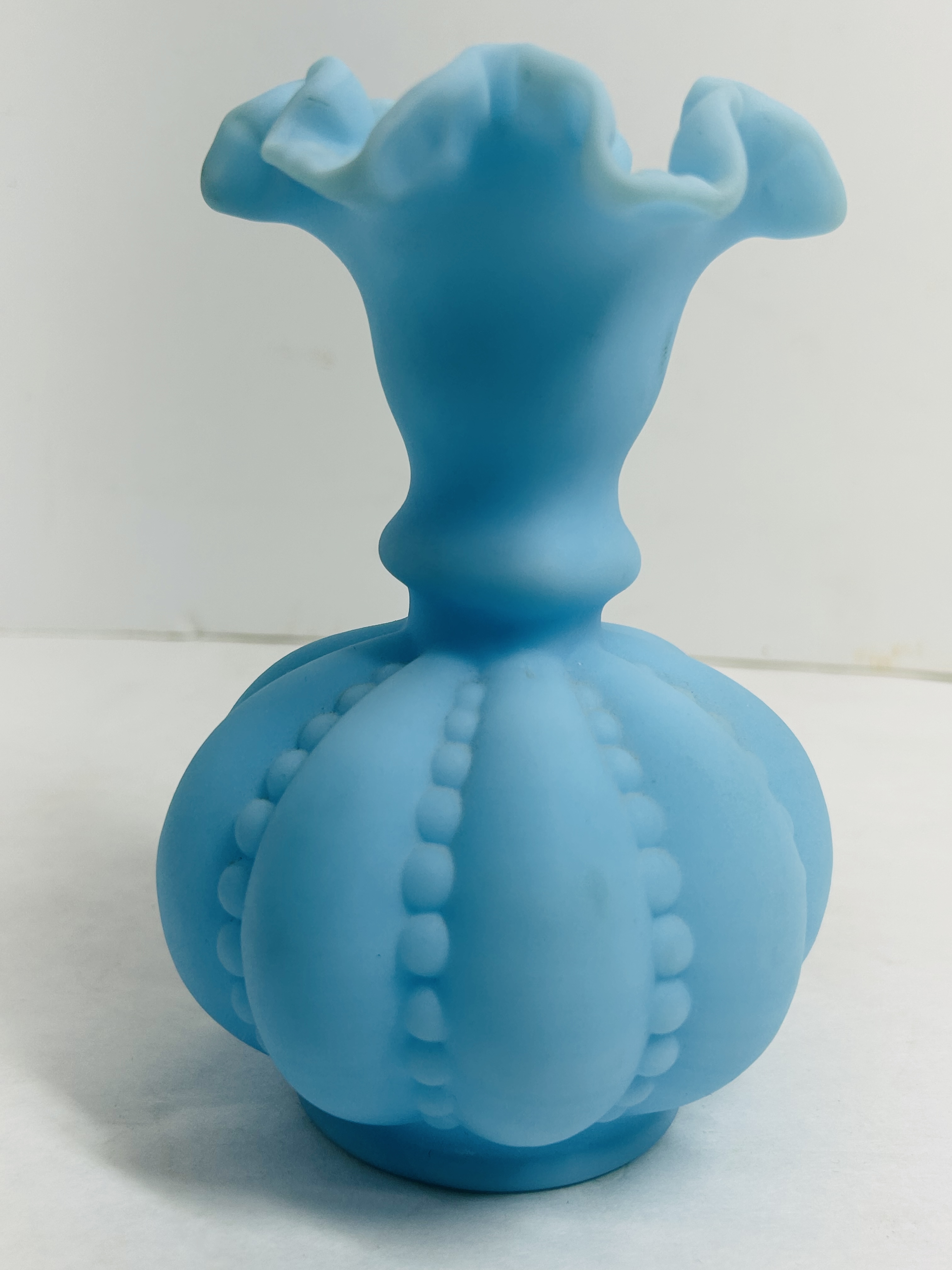 FENTON STYLE BLUE SATIN VASE, 1950S