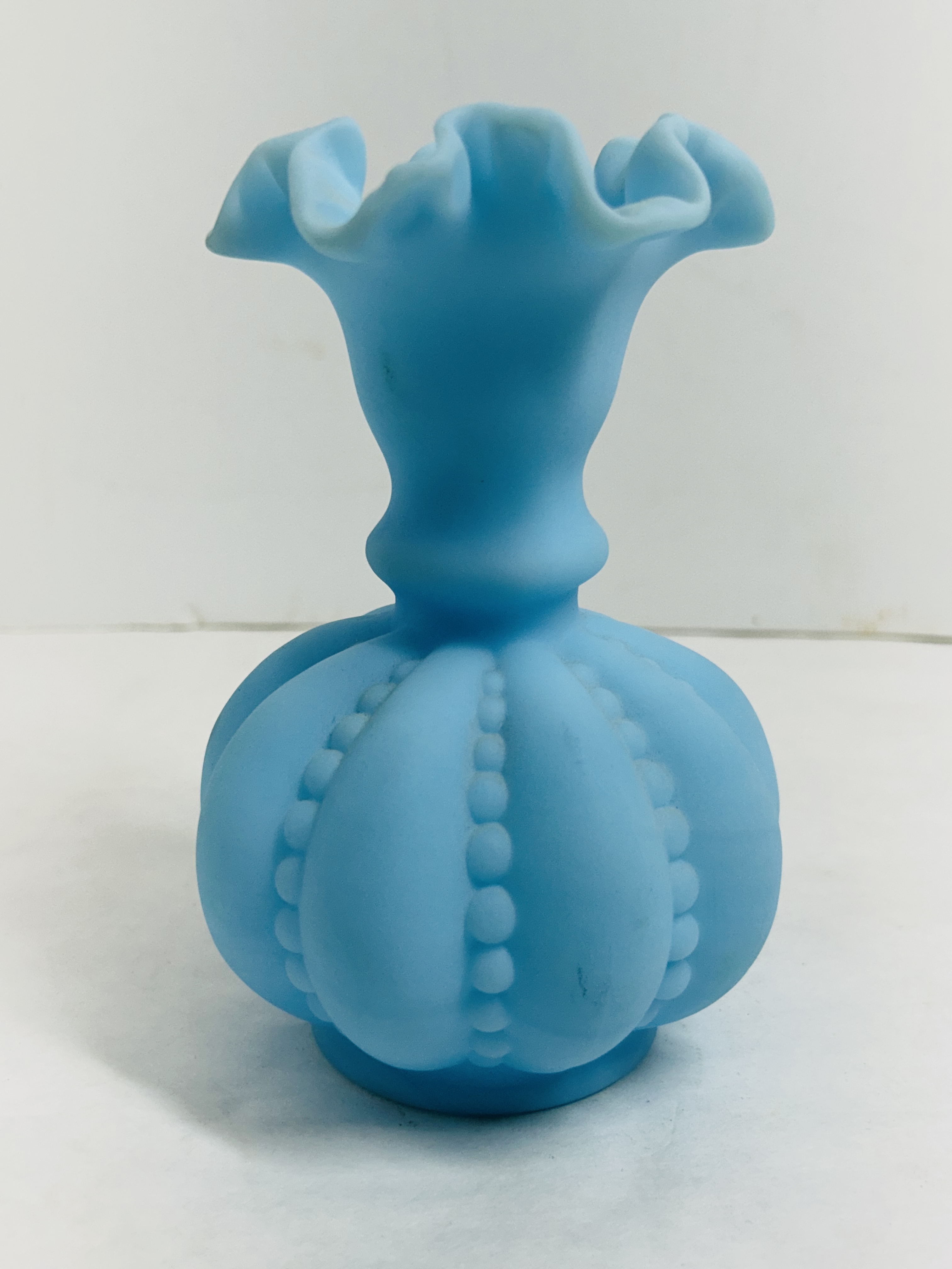 FENTON STYLE BLUE SATIN VASE, 1950S