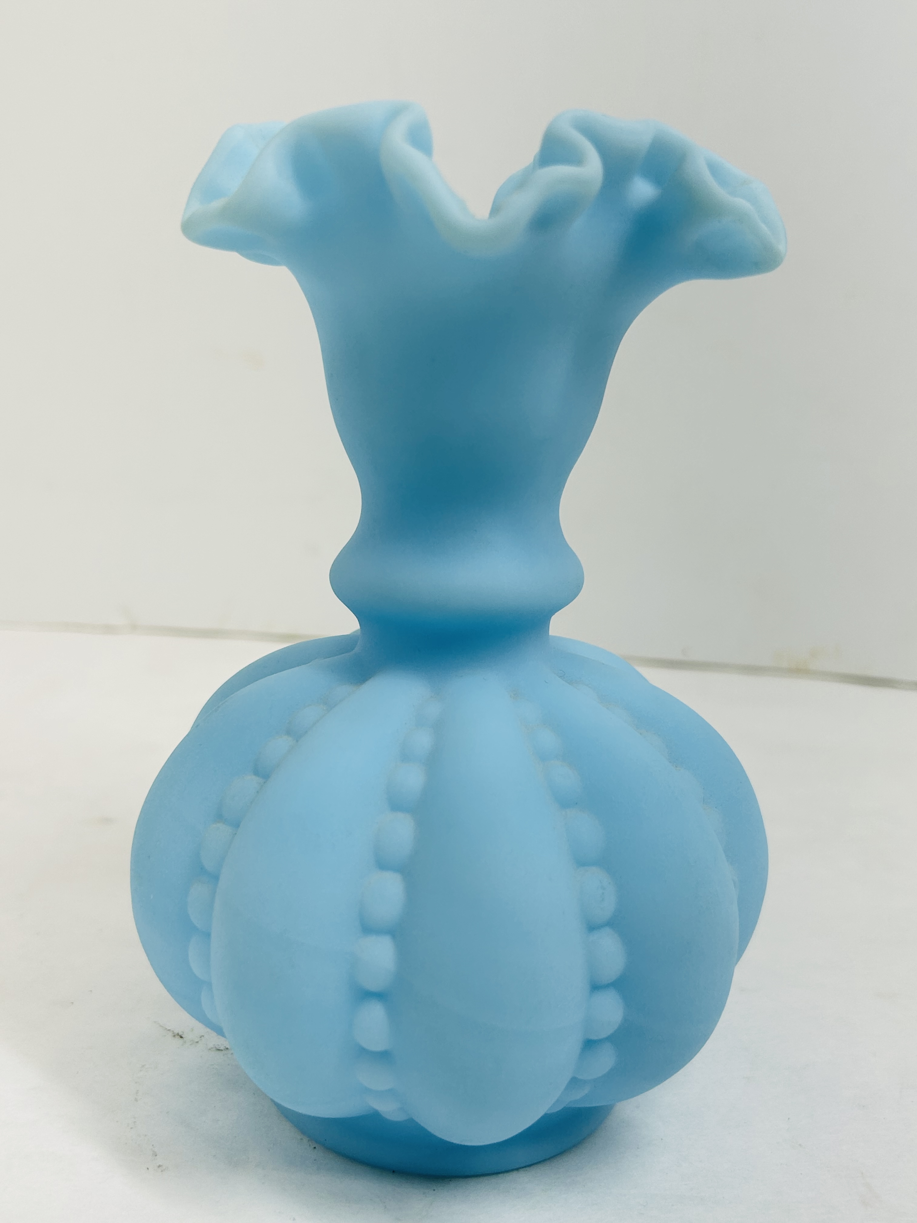 FENTON STYLE BLUE SATIN VASE, 1950S