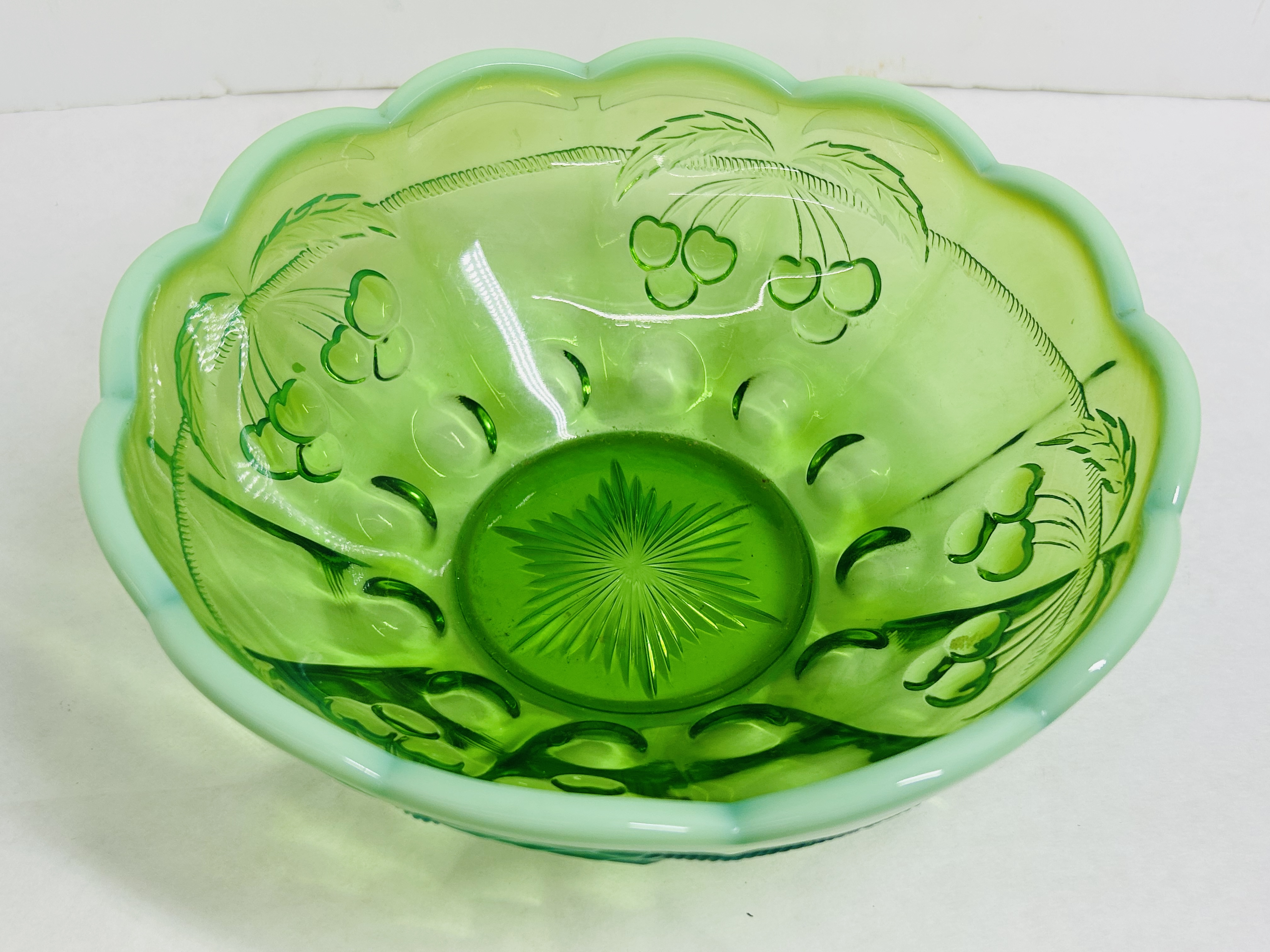 MOSSER GREEN OPALESCENT BOWL, 1910