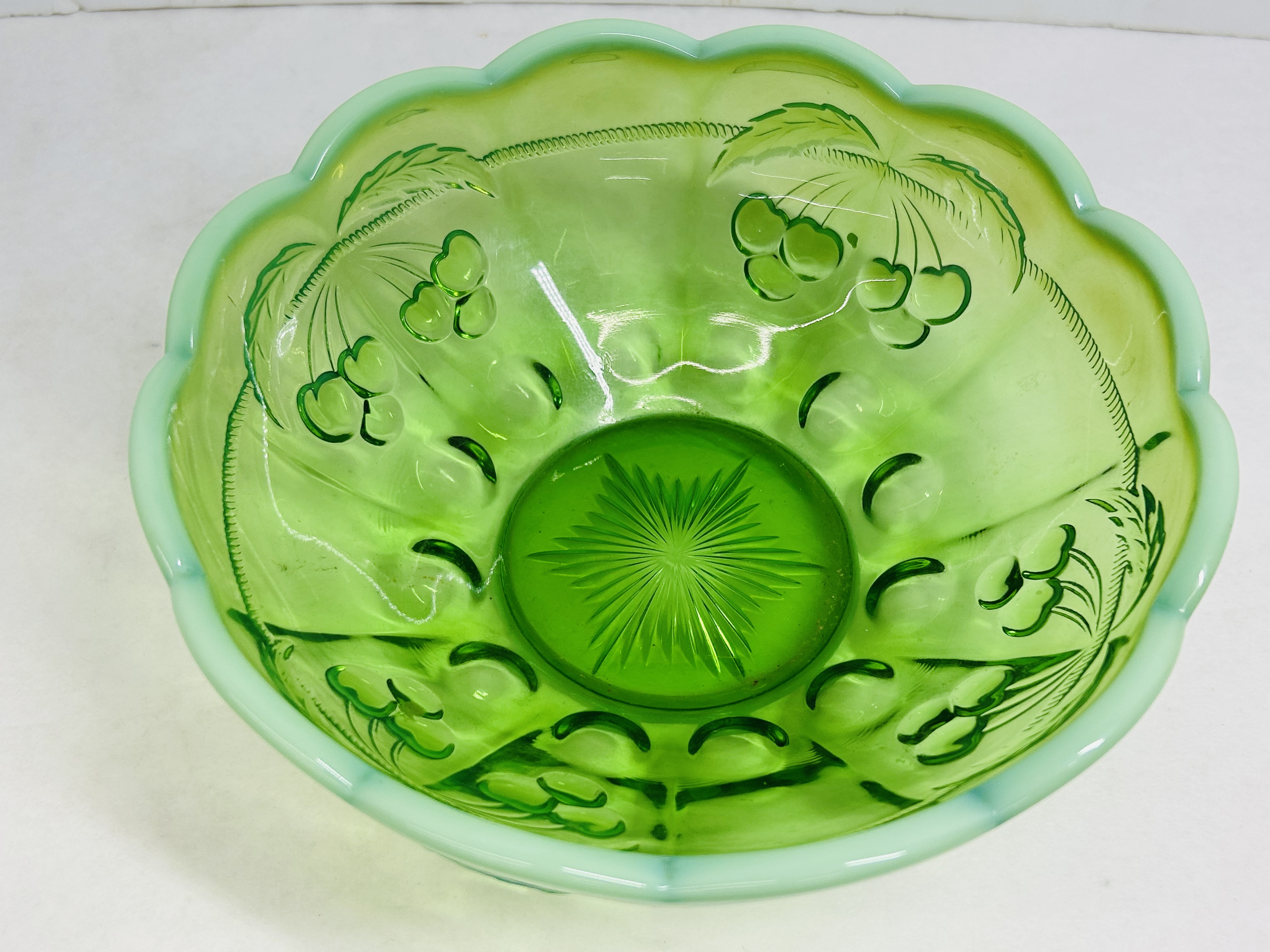 MOSSER GREEN OPALESCENT BOWL, 1910