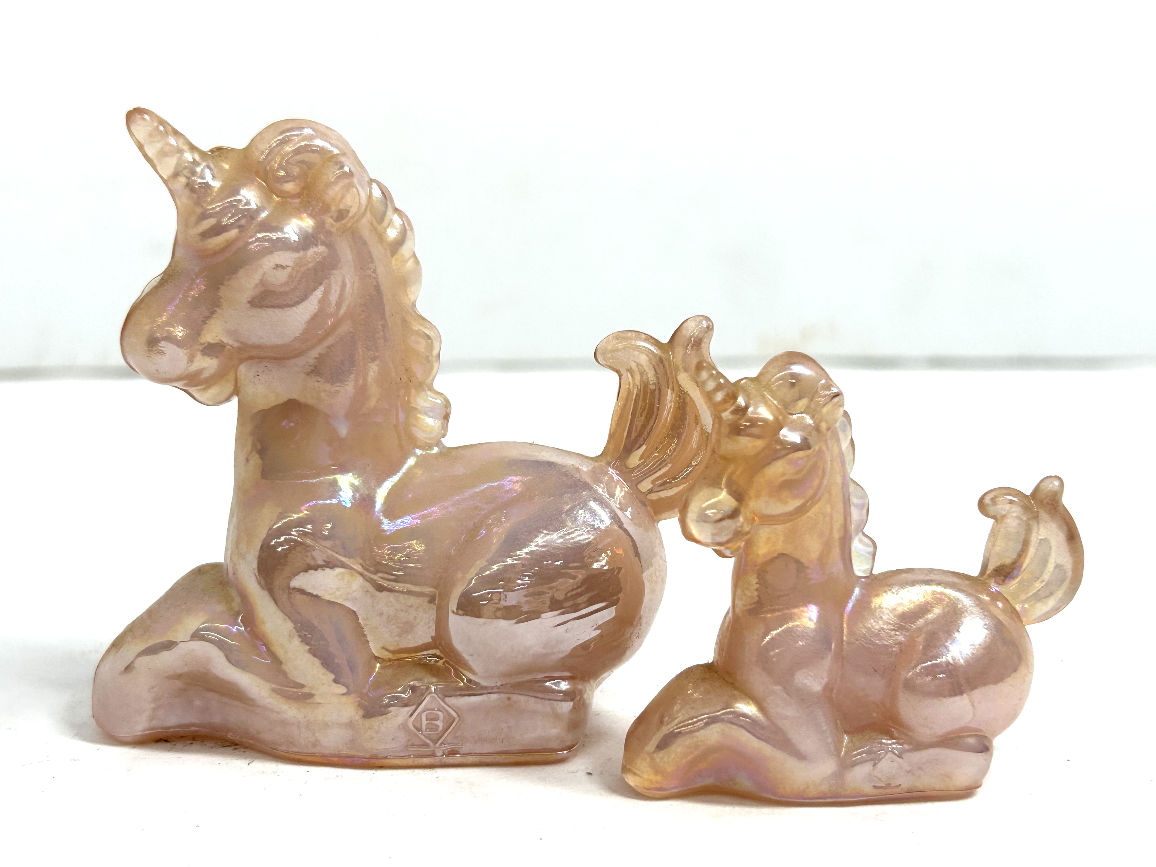 BOYD IRIDESCENT PINK GLASS UNICORNS, 1983-1988