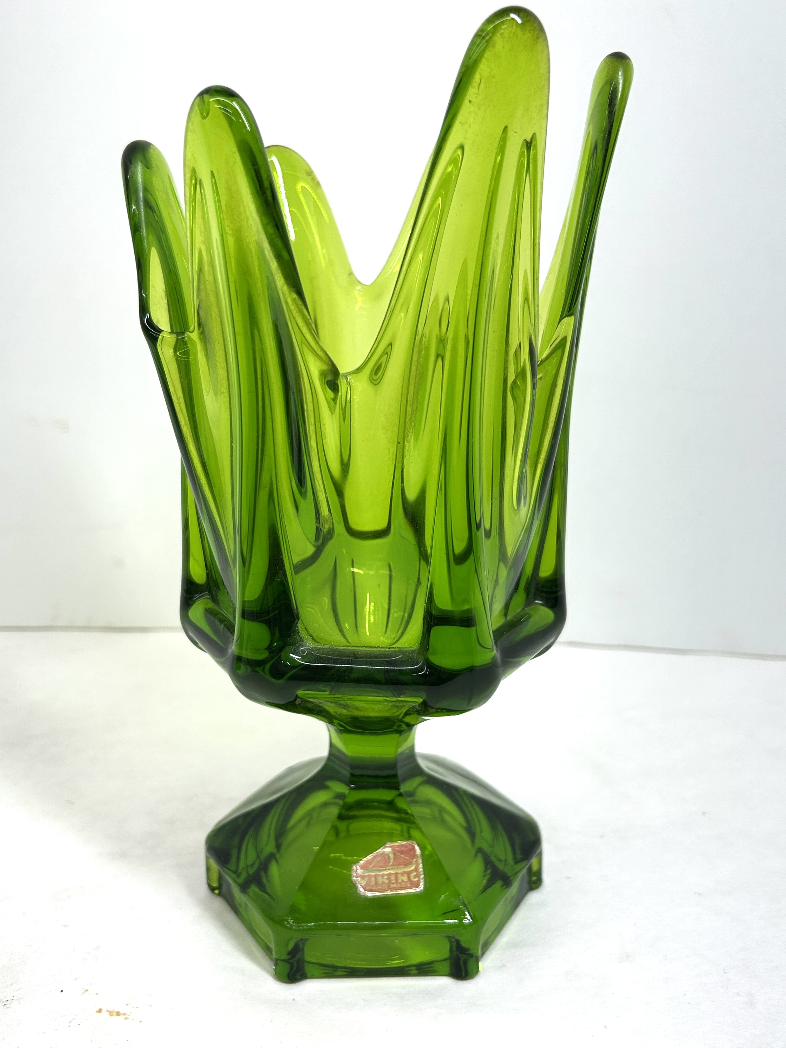 VIKING GREEN GLASS SWUNG VASE, CIRCA 1960