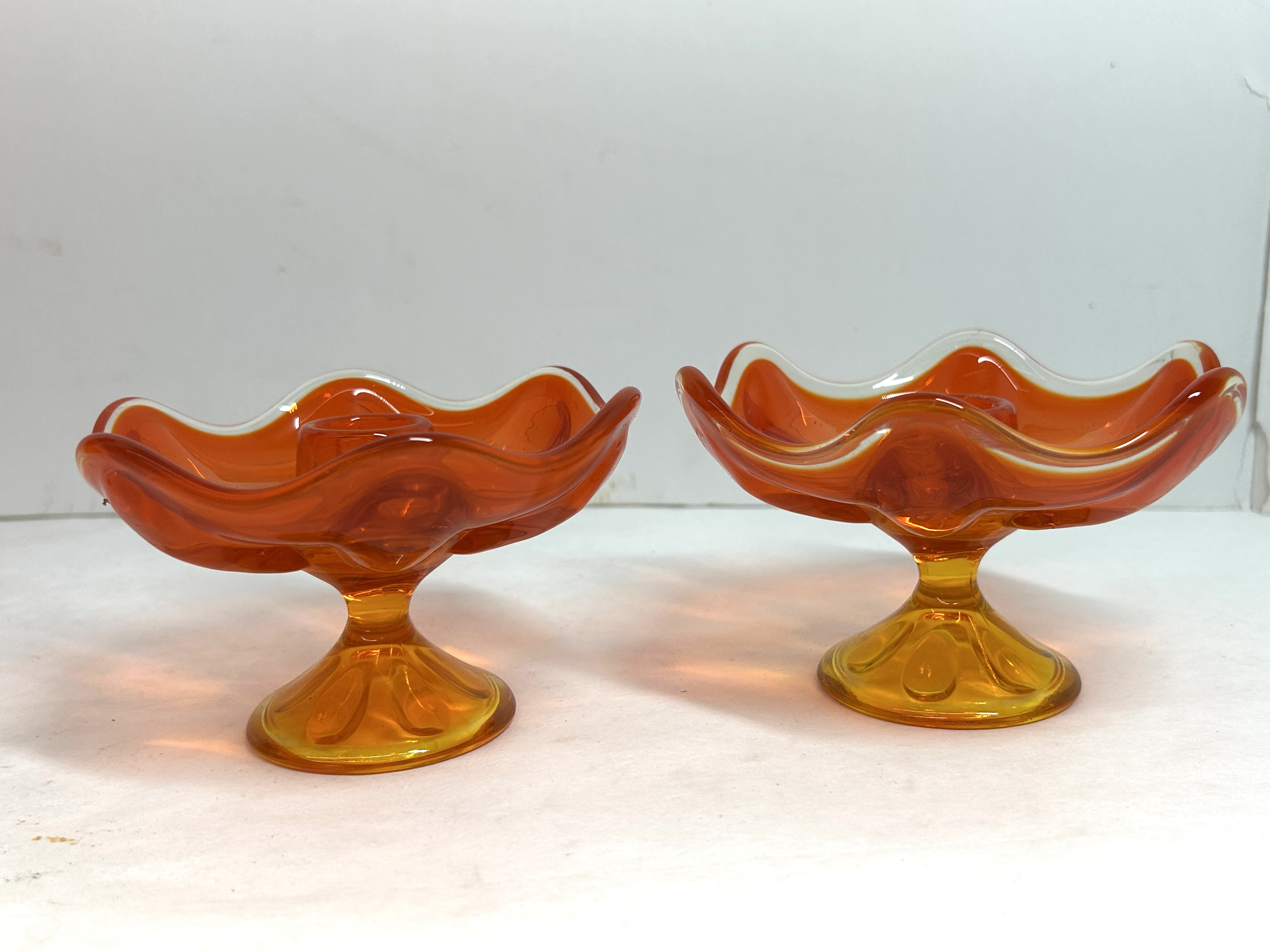 VIKING STYLE AMBERINA GLASS CANDLESTICKS, 1960