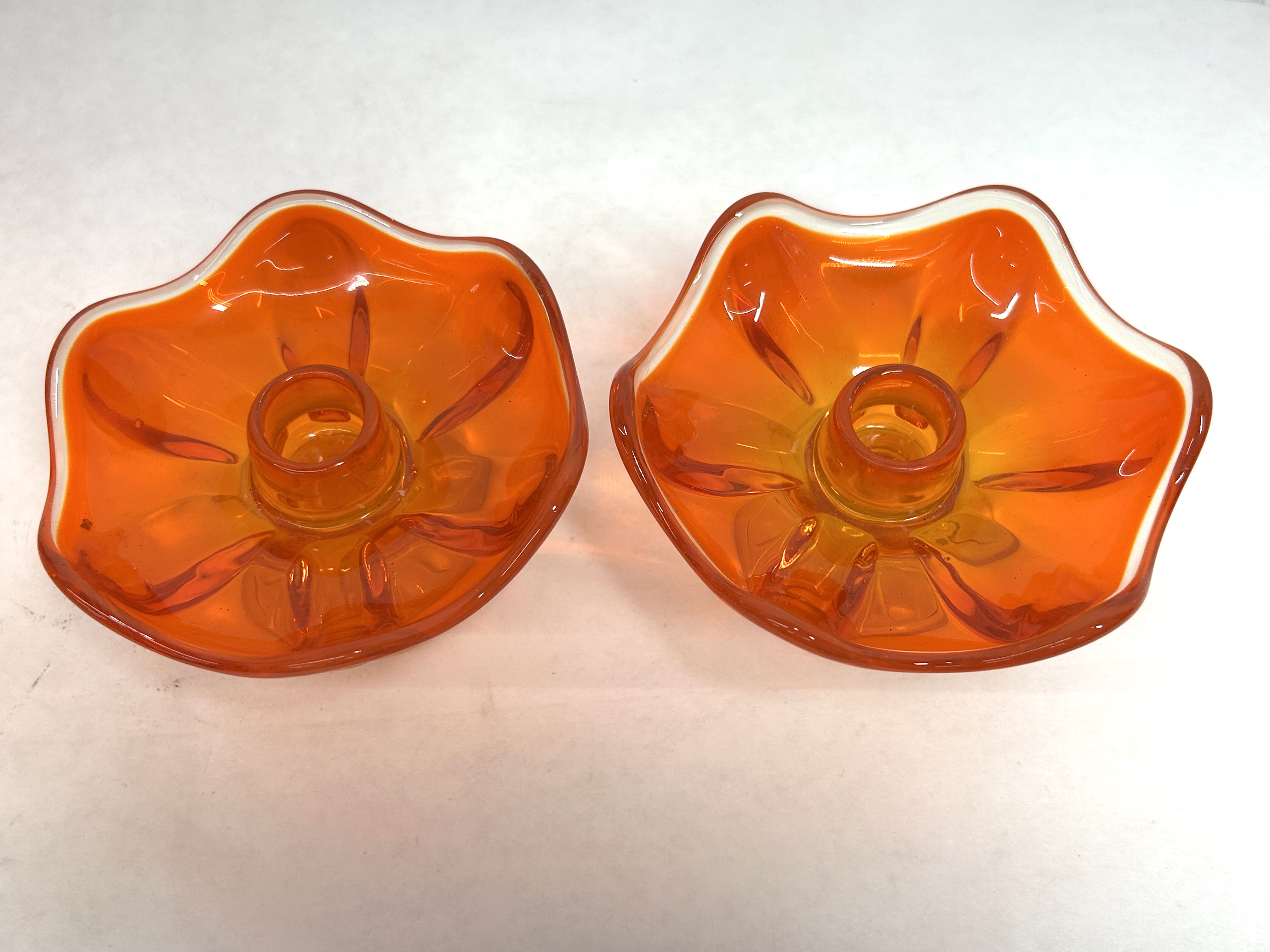 VIKING STYLE AMBERINA GLASS CANDLESTICKS, 1960